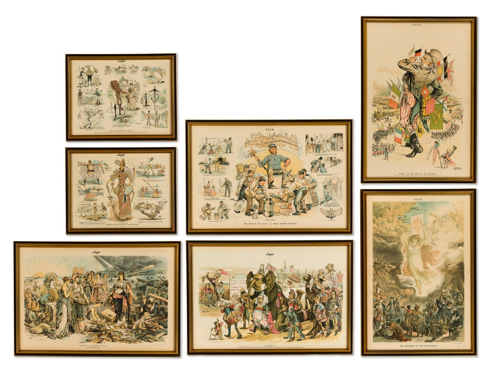 Seven Judge and Puck Political Cartoon Art Prints Late 1800's: NOT ELIGIBLE FOR IN-HOUSE SHIPPING: See Terms for Shipping Options. Chromolithographs from Judge and Puck magazines political and societal humor. The larger ones are 14 1/2" X 21" framed size and the 