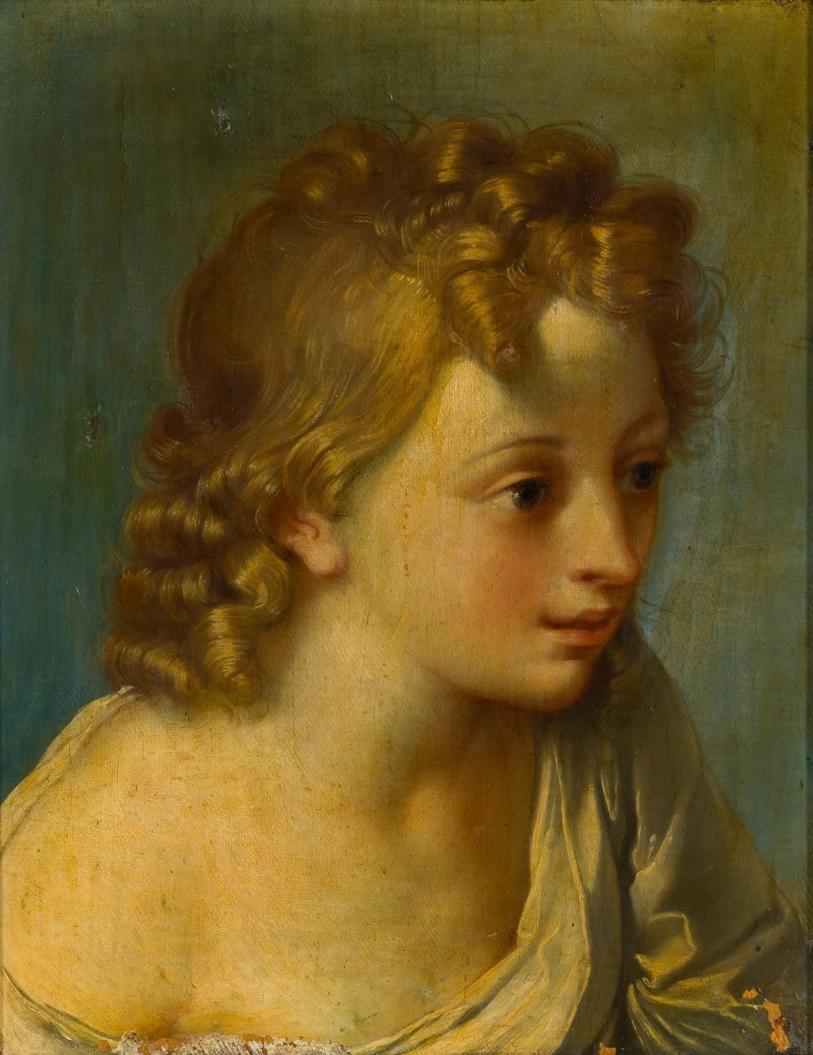 Giovanni Brilli Oil On Canvas After Benedetto Luti: A 19th century oil painting signed to the reverse Giovanni Brilli "Copia L'anna 1869". The painting is unlined with craquelure, damage, and losses. Giovanni Brilli was an Italian painter from the 1800