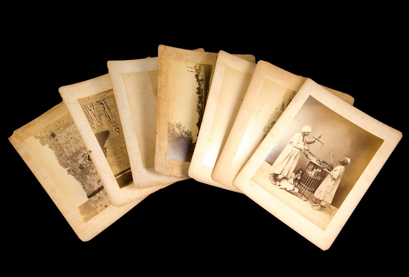 1800's Travel Photographs: 8 1/2" X 11" photographs mounted to cardboard backs. They include Dmascus, Dendera Temple of Hathor, Arab Street Vendor, Acropolis Athens, Citadel of Cairo, and others. Eight photos.