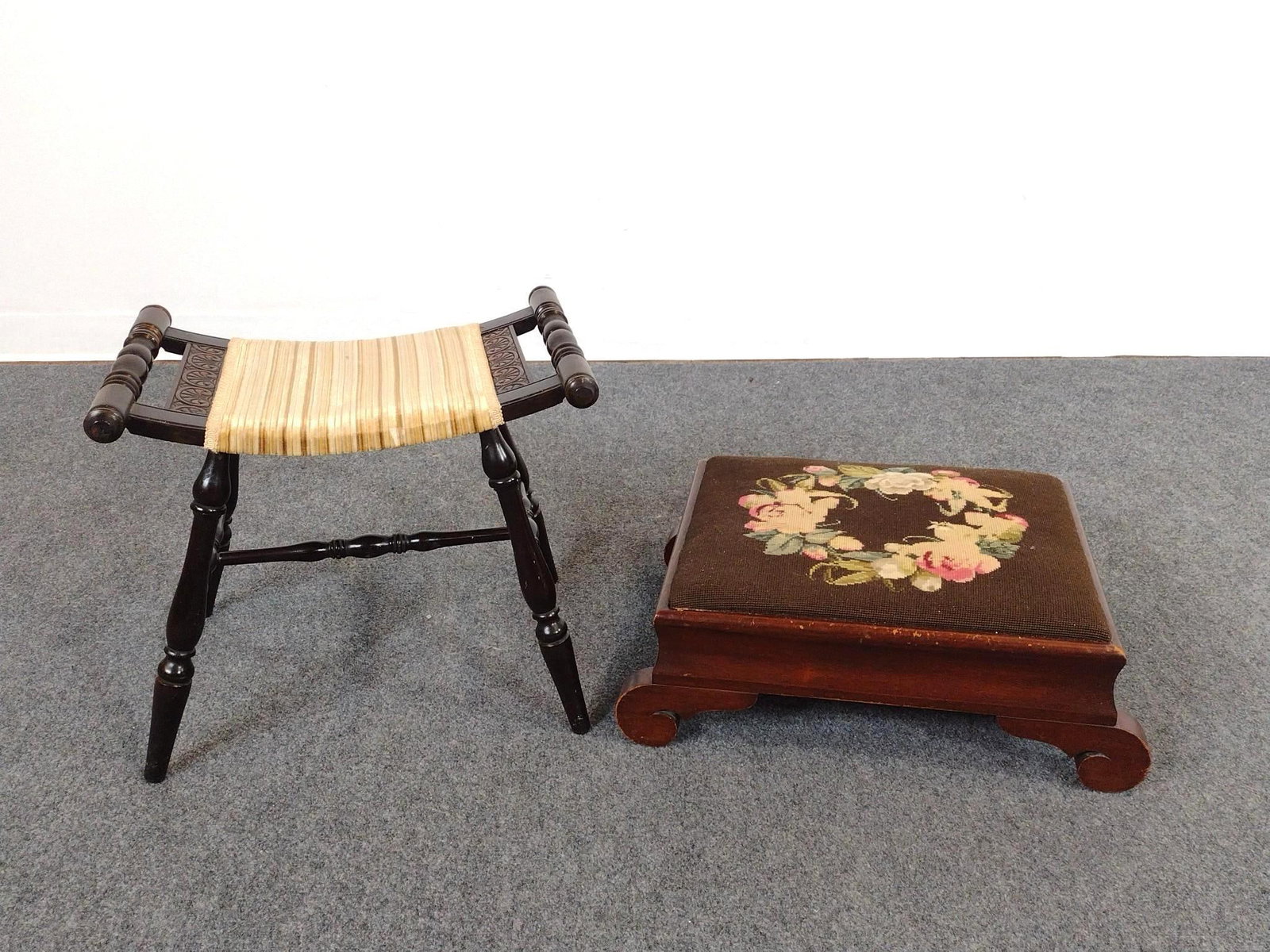 Stool & Needlepoint Footrest: Stool 20-1/2" wide X 15-1/4" deep X 17-1/2" high. Footrest 23-1/2" wide X 17" deep X 8-1/2" high. Both have a few light scratches.