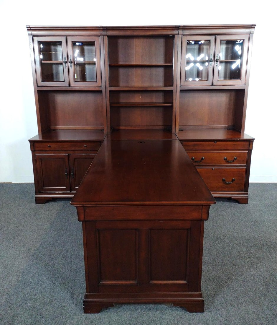 Aspen Home Modular Partners Desk and Hutch: Overall 98-1/2" wide X 85" deep X 79" high. Has some scratches. Desk top has finish loss.