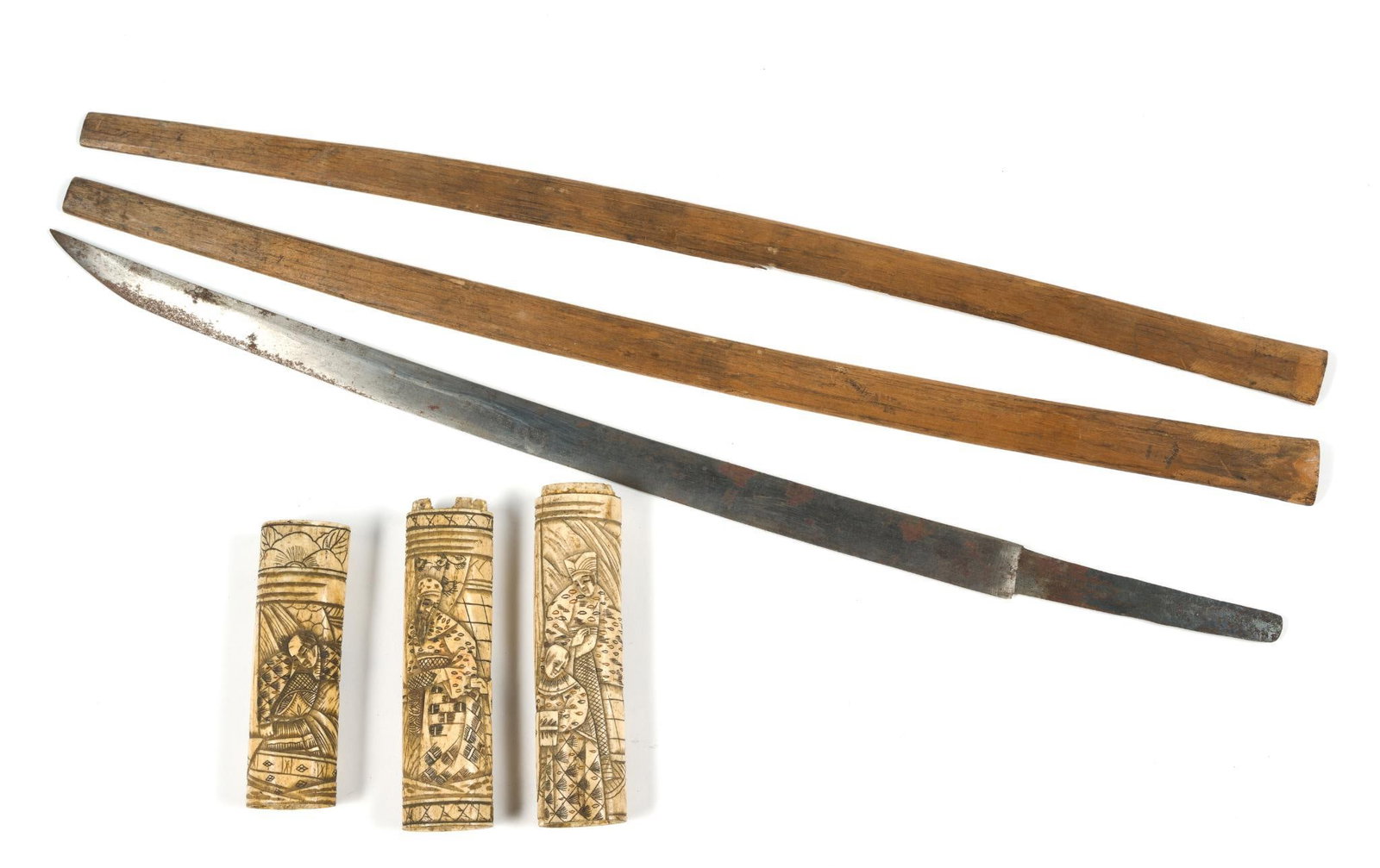 Japanese Wakizashi Sword: Bone scrimshaw scabbard and handle sections with carved images of Japanese samurai and court scenes, with some chips and some light losses due to age. Steel blade length is 17" and sections of carved 