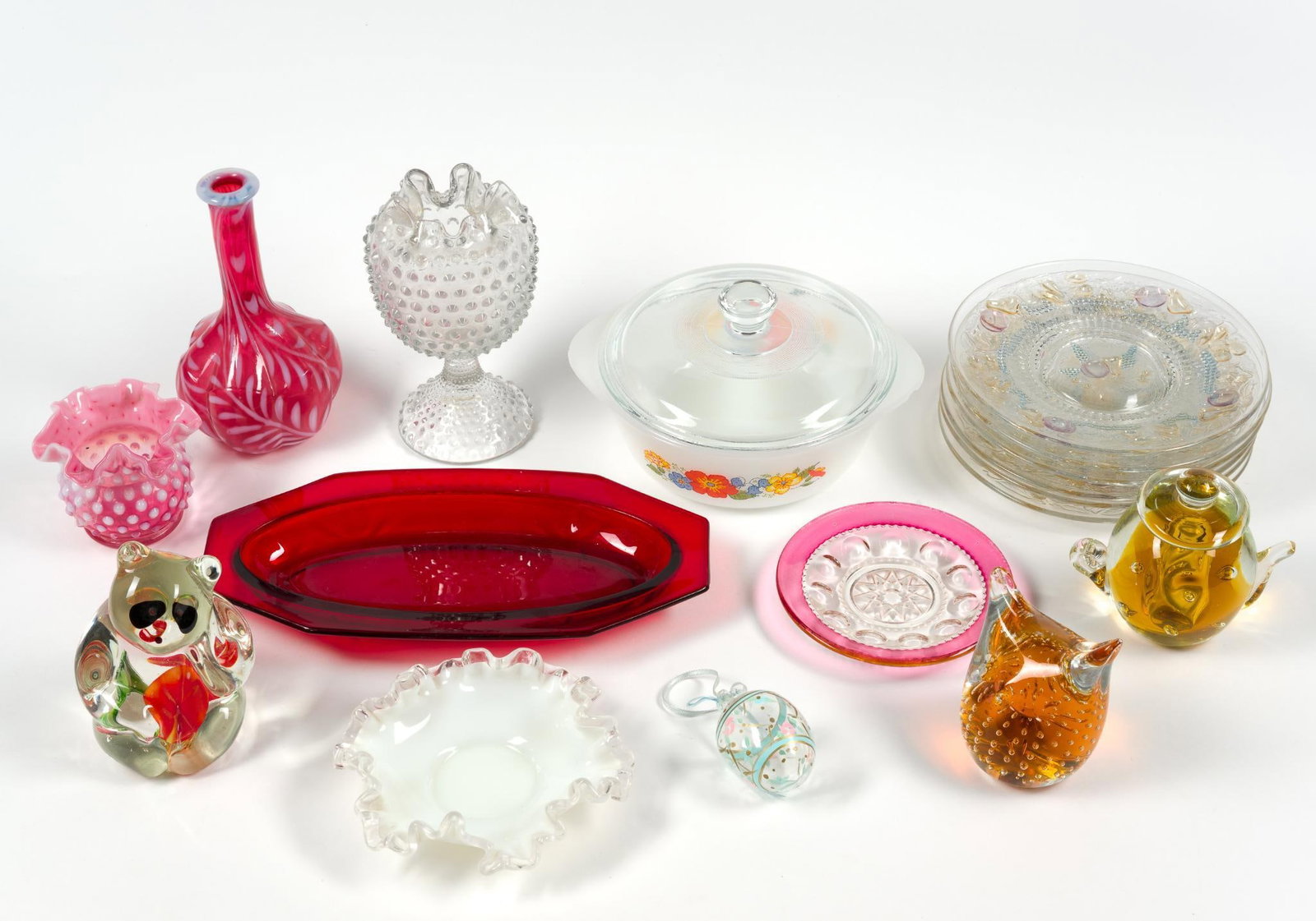 Vintage and Art Glass Collectibles: Largest red tray measures 11" x 5 - 1/2" x 1 - 1/4" and the glass easter egg ornament measures 3" x 2 - 1/4" x 2 - 1/4".