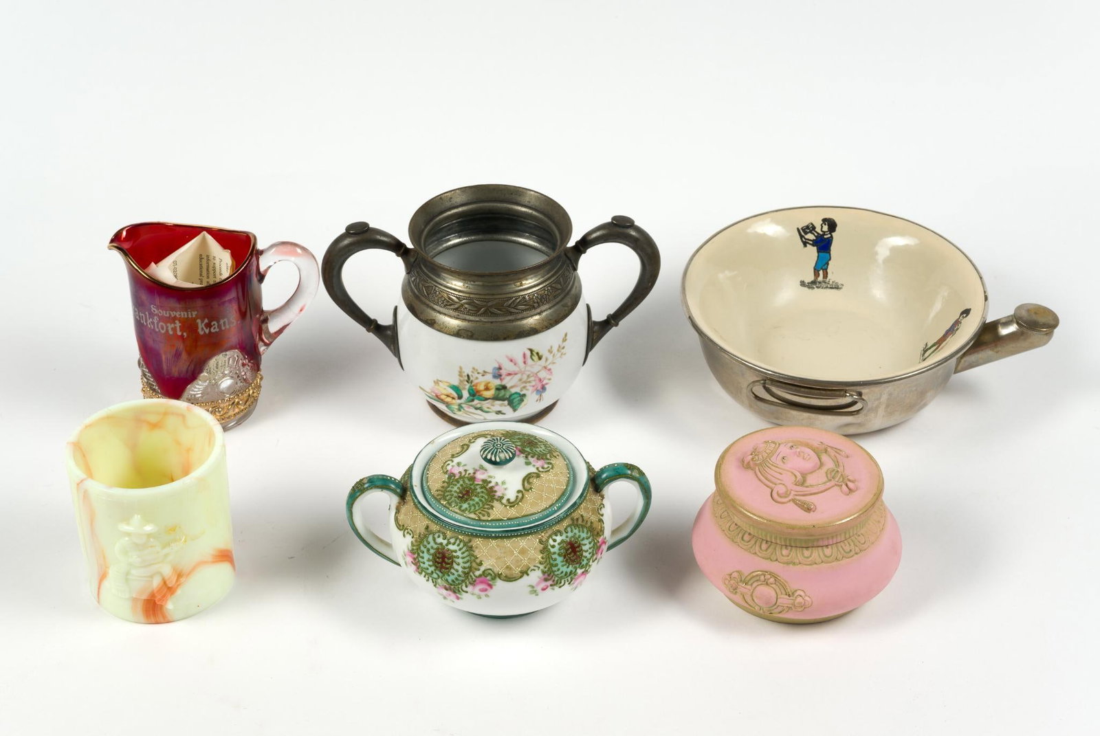 Porcelain Decor: Includes pink art deco trinket box (which measures 4" x 4" x 3"), Nippon sugar bowl (which measures 5 - 3/4" x 4" x 3 - 1/2"),