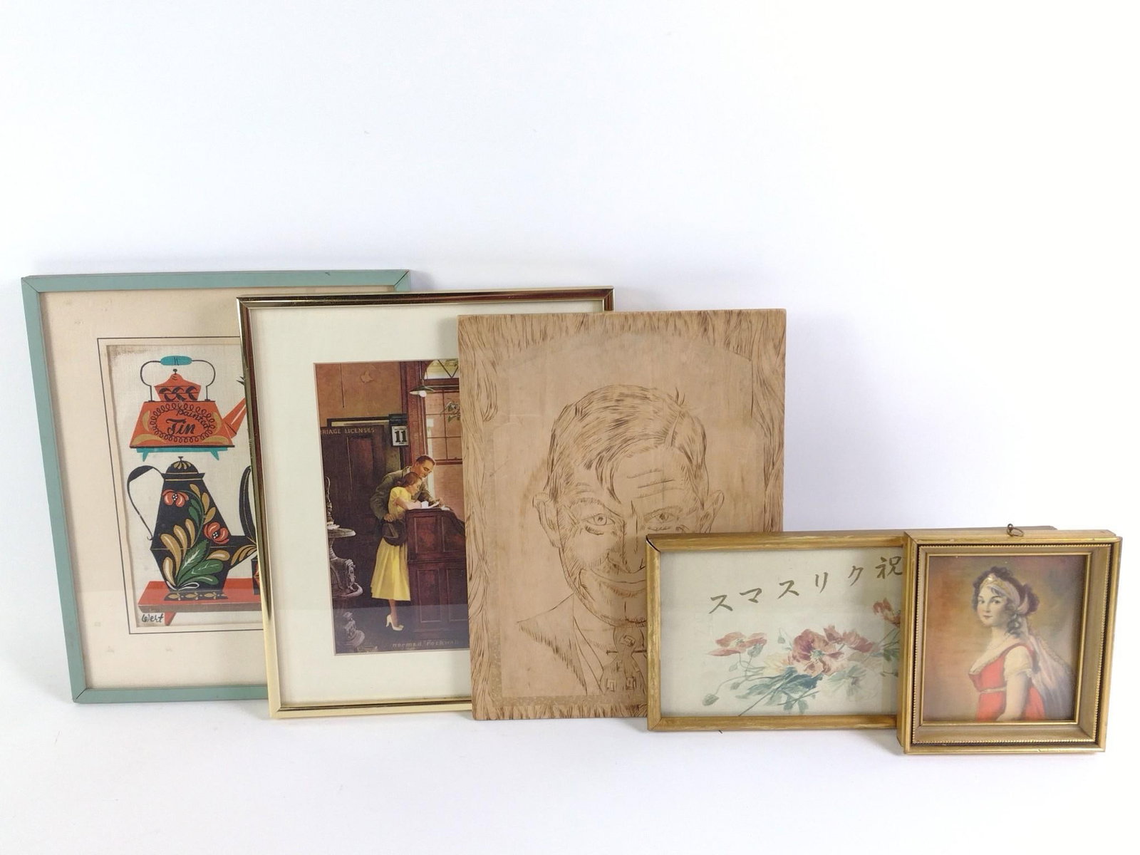 5 Pieces of Vintage Art: 1) Robert Darr Wert "Country Prints" framed and signed folk art. "by hand" lower right. 12 - 3/4" x 10 - 1/2". 2) Norman Rockwell "Marriage License" giclee, framed. 12 - 1/4" x 10 - 1/4". 3) Wood burn