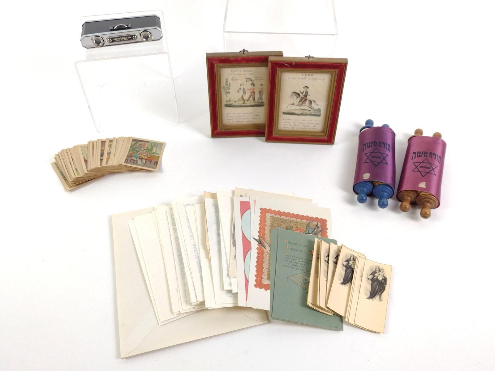 Vintage Collectibles: Includes collection of post cards and ephemera, AAA opera glasses, a collection of maxim calling cards depicting Japanese life, Torah scrolls, 2 miniature vintage framed prints of parts of speech illu