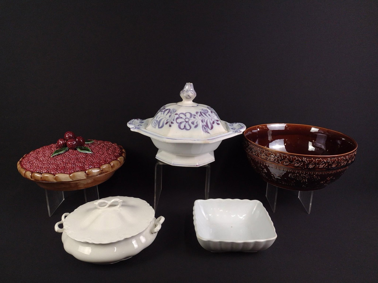 5 Vintage Tureens & Bowls: Includes a Portuguese blackberry pie dish, an Ironstone tureen with some slight damage around the lid, an Ironstone square dish, a T.G. Green & Co. "Barbecue" pattern bowl and a Johnson Bros. covered 