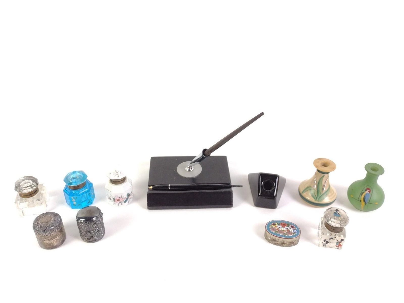 Vintage Inkwells & Pens Incl. Sheaffer: 1" to 8" high.Includes 9 inkwells, 2 pens, a vintage mid-century modern fountain pen stand and a decorative metal trinket box.
