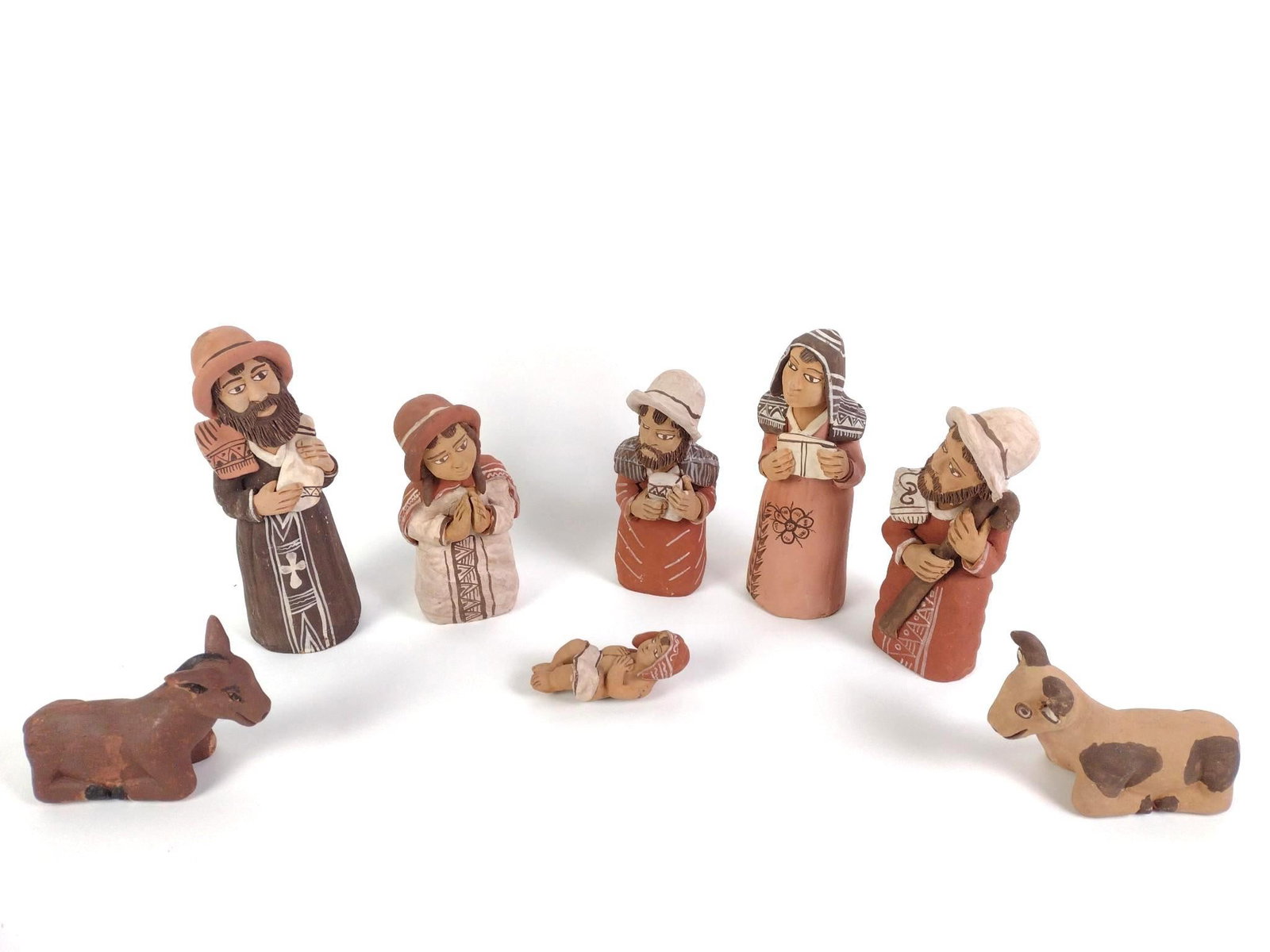 Hand Made Peruvian Pottery Nativity Set: 1-1/2" to 8-1/2" high.