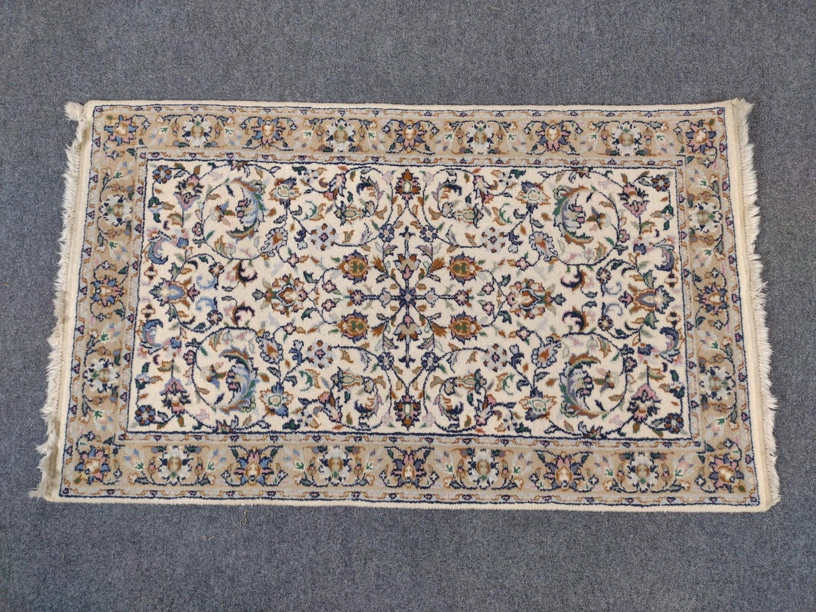 Persian Numani Kashan Area Rug: 5'2" long X 3' wide. Pile fiber: wool. Warp fiber: Cotton. Country of origin: India.