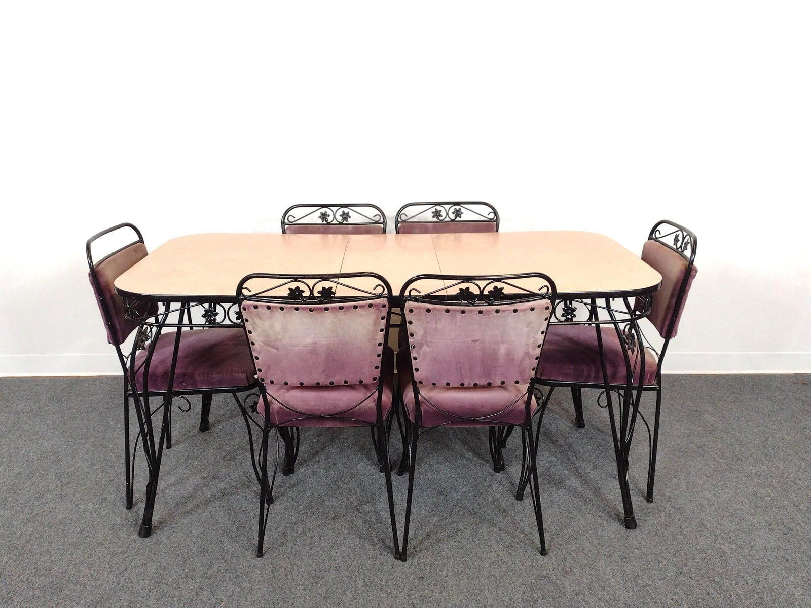 Metal Dining Table & Chair Set: Table 48" wide X 29-3/4" deep X 30" high. Table leaf 12" wide. Chairs 15" wide X 16" deep X 33" high. All upholstery is sun faded.