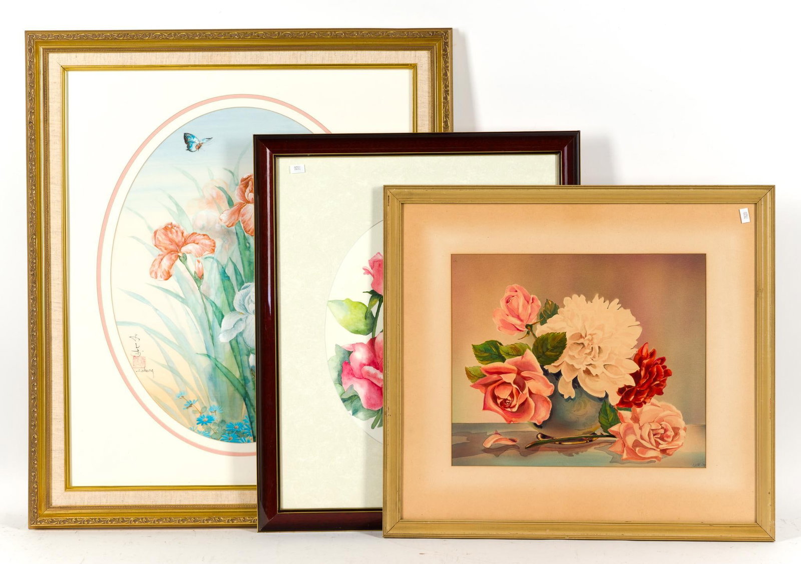 3 Framed Floral Prints: 1) Asian style floral print signed on the lower left by J. Chen. 28" x 24". 2) Floral print. Signed below flower. 22 - 1/4" x 14 - 1/4". 3) Signed "LHM "47" 19 - 1/2" x 21 - 1/2"