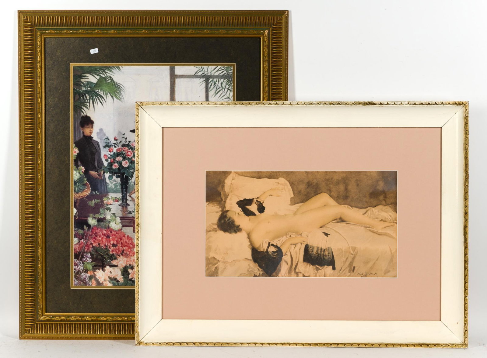 2 Framed Prints Incl. Reclining Nude: 1) Print by Victor Gabriel Gilbert "The Flower Shop" 33" x 27". 2) Print by Alex Jordansky. 24" x 32 - 1/2".
