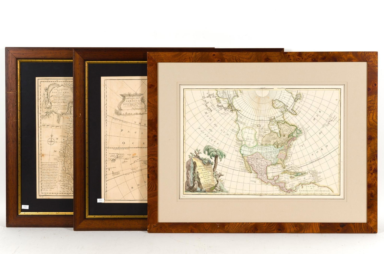 3 Framed Reproduction Maps: 1) Framed reproduction of the 1762 map titled "L'Amerique Septentrionale: divisee en ses principaux etats" created by Jean Janvier. 20 - 1/2" x 26". 2) Framed reproduction of "A New & Accurate Map of 