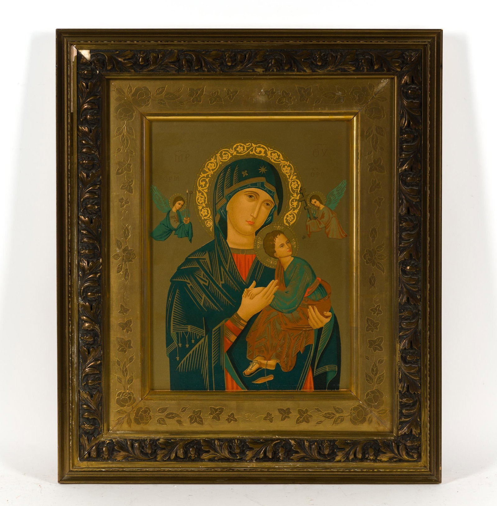 Framed Icon of Our Lady of Perpetual Help: Also known as "Virgin of the Passion." Measures 23 - 1/2" x 20".