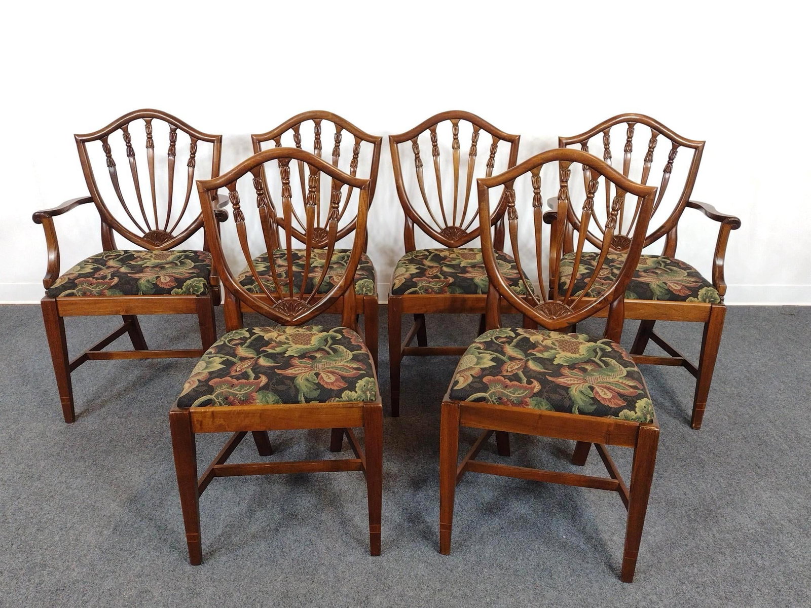 Set of Six Shield Back Dining Chairs: Each 19-1/4" wide X 20-1/2" deep X 37-1/2" high. One Chair has damage to back. No manufactures name found.