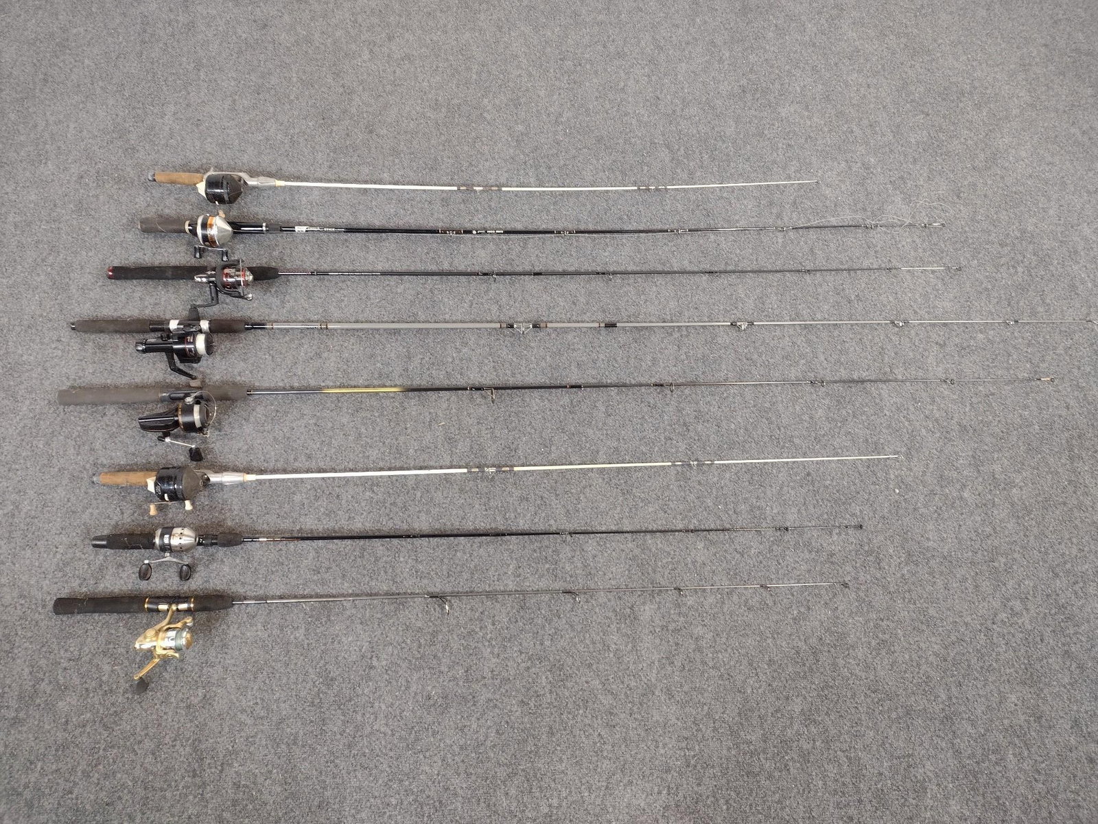 8 Fishing Rods with Reels: Includes Zebco, Daiwa, Shakespeare and more. 54" to 84" long.