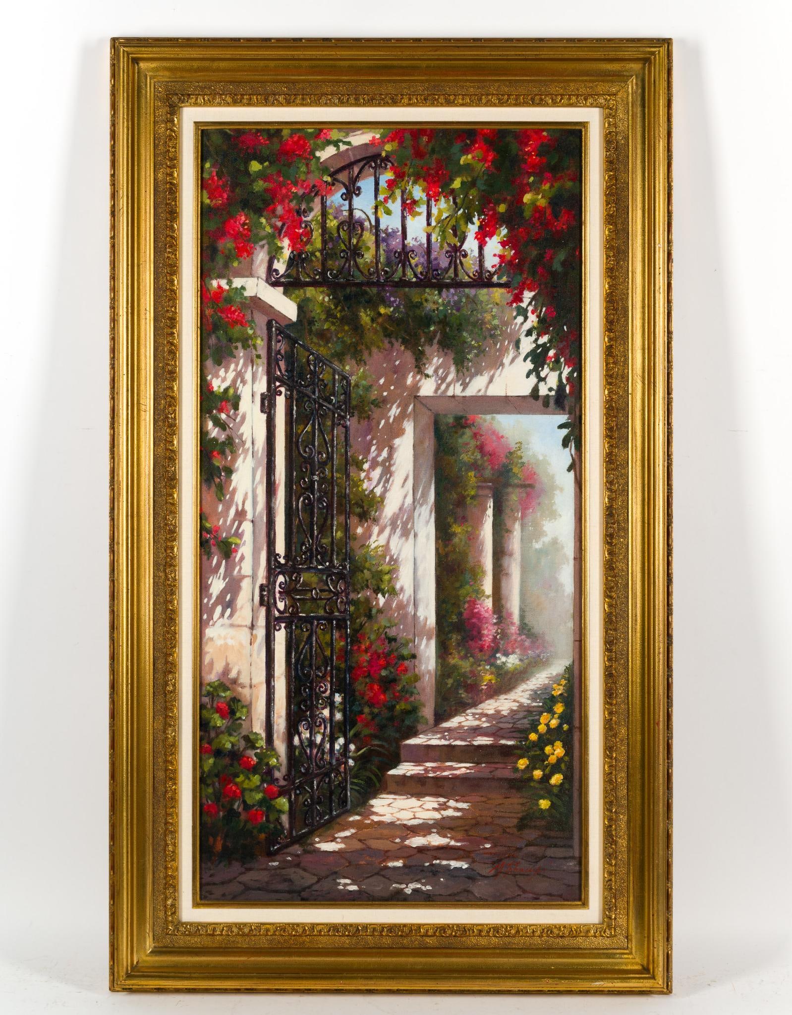 Mario Champi (b. 1964) "Entrance Gate" Print: Textured print, on canvas. Framed and signed on lower right. Sight measures 35 - 1/2" x 17 - 1/2". Overall with frame measures 44" x 25 - 3/4".