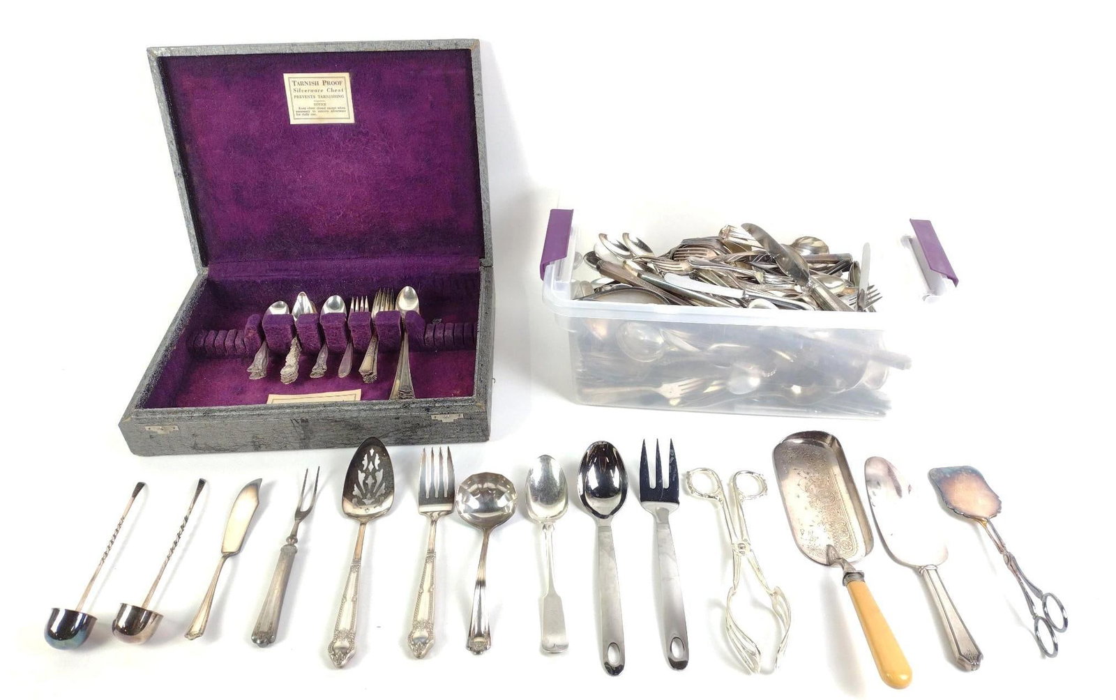 Silverplate Flatware and Serving Utensils: Includes utensil box and utensil bags as well. Box measures 15" x 11" x 2 - 1/2".