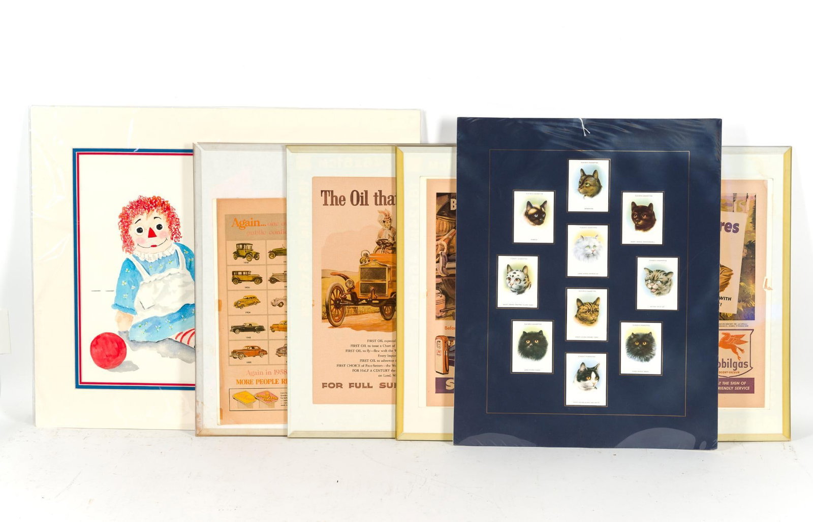 Antique Cat Cigarette Cards & Vintage Automotive Ads: Cat cards are not framed. Includes Mobilgas, Mobiloil. and Goodyear advertisements which all measure 18" x 24". Also includes a print by Jane Walker McCutchen titled "The Buddy System," which measures