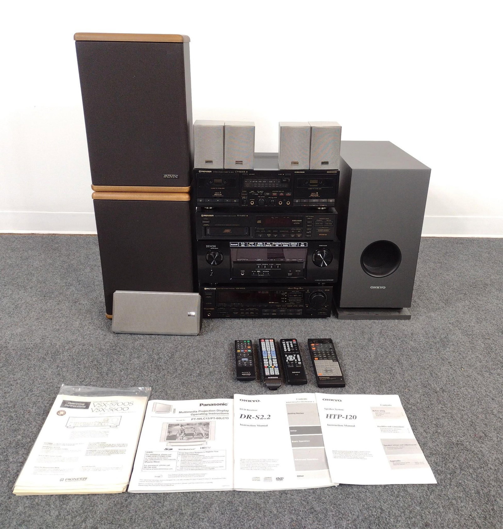 Vintage Home Theater Audio System Receivers & Speakers: Includes a vintage Pioneer CT-W630R Stereo Double Cassette Deck, a Pioneer PD-M430 Multi-Play Compact Disc Player. a Denon AVR-S510BT AV surround receiver, a vintage Pioneer VSX-5700S Audio/Video Ster