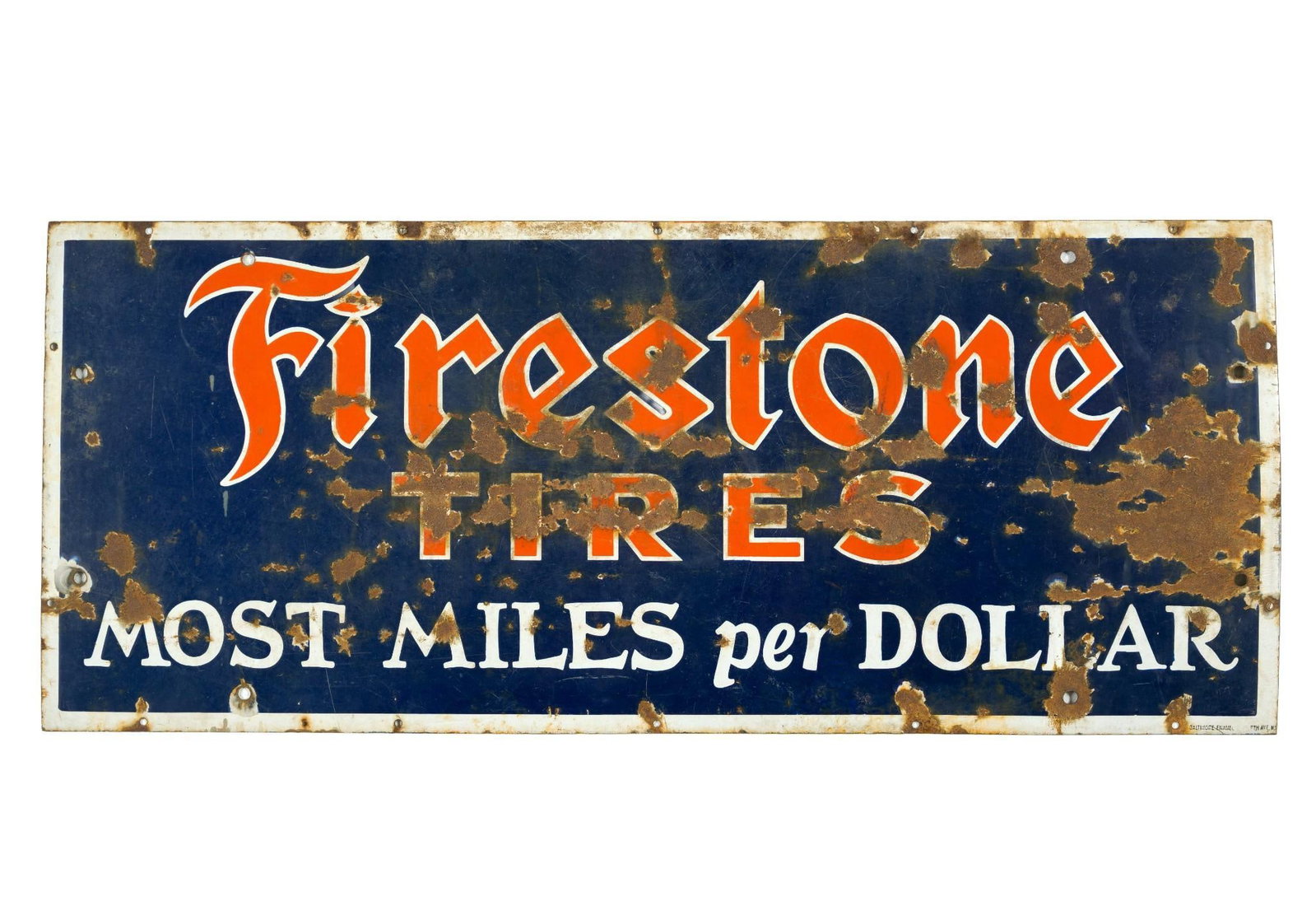 (Postwar Era) Porcelain Firestone Tires Sign: Firestone Tires Most Miles Per Dollar 20" X 48". The sign has substantial surface losses.