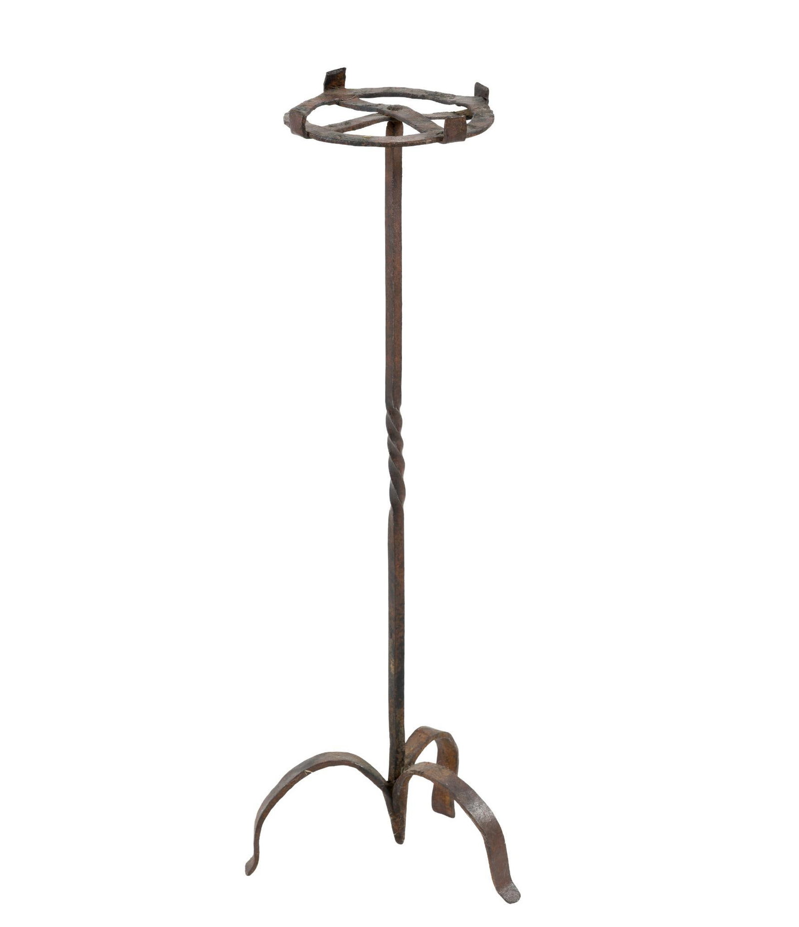 (Revolutionary-Era) Antique Wrought-Iron Cresset: An early primitive type of cresset. A pine knot or chunk of wood would be ignited and set on top of this to provide a light source. The wood could have been soaked in oil. Would have most likely been 