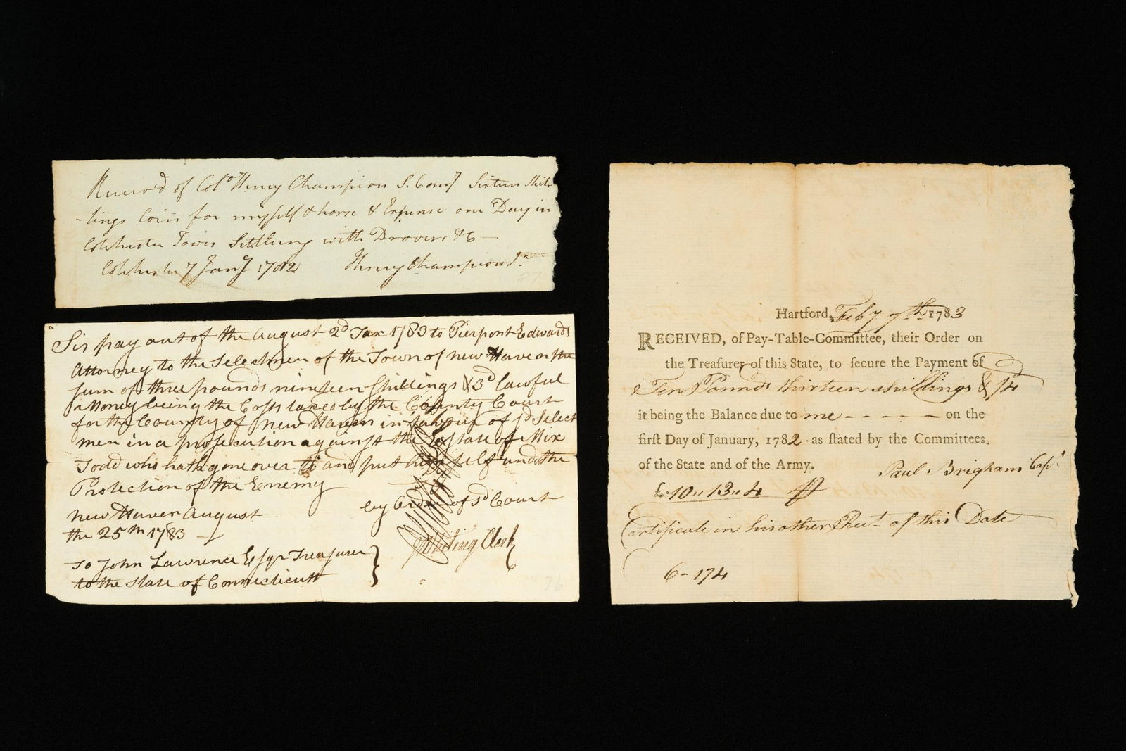 (Revolutionary-Era) 3 Antique Documents: Includes (1) military receipt to Capt. Paul Brigham (1746-1824) he was a Capt. in CT militia during the American Revolution. (2) payment order for court costs related to a legal case in New Haven, Ct 