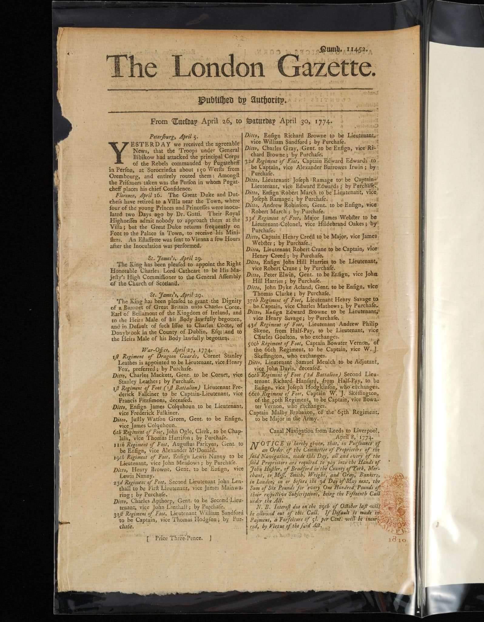 (Revolutionary War Era) 1774 London Gazette with Red Tax Stamp: With COA. Dated April 30, 1774. From the Caren Archive. The Red Tax stamp was used on official paper products during the 1756 Stamp Act. This was one of the catalysts for the disagreement between the 