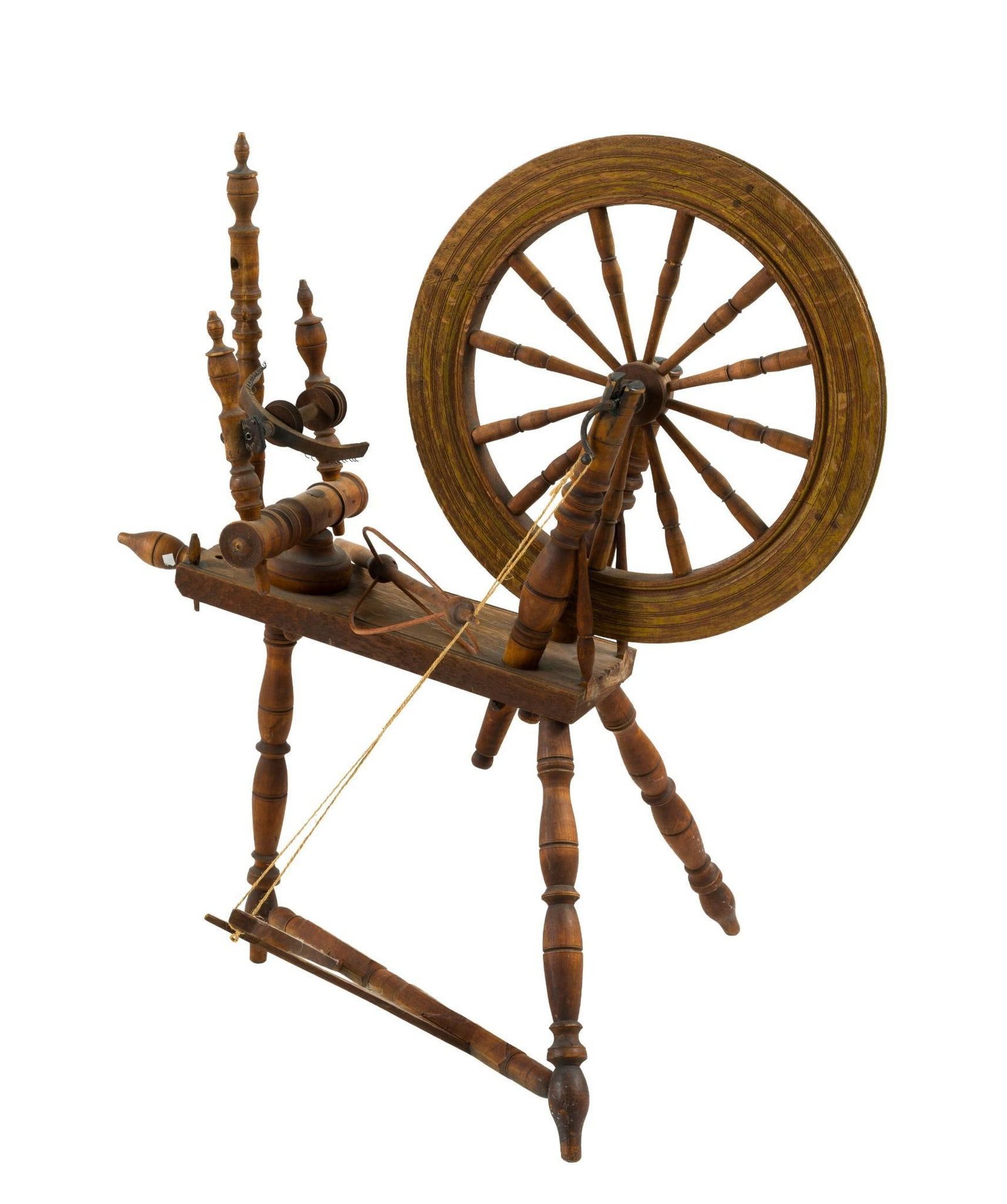 (Early Republic Era) Antique B. Klein Spinning Wheel: A spinning wheel is a device used to transform raw fibers-primarily wool, flax, or cotton-into thread or yarn by twisting them together. 27" wide X 33" deep X 36-1/4" high. Has wear consistent with