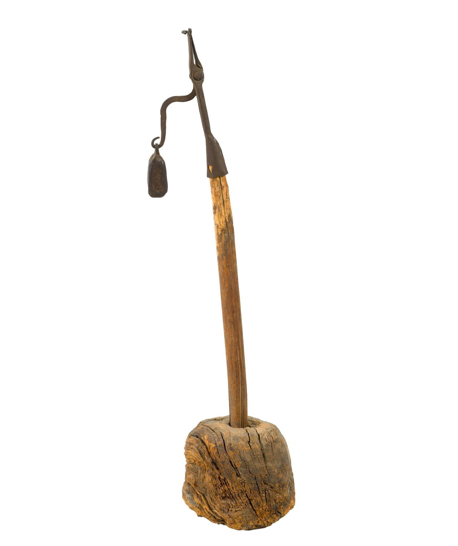 (Early Republic Era) Antique Wrought Iron & Wood Light Holder: From a private collection. Designed to hold a "rushlight"- a strip of dried rush pith soaked in animal fat or grease-which served as a primitive form of lighting. 10-1/2" wide X 7-3/4" deep X 37" high