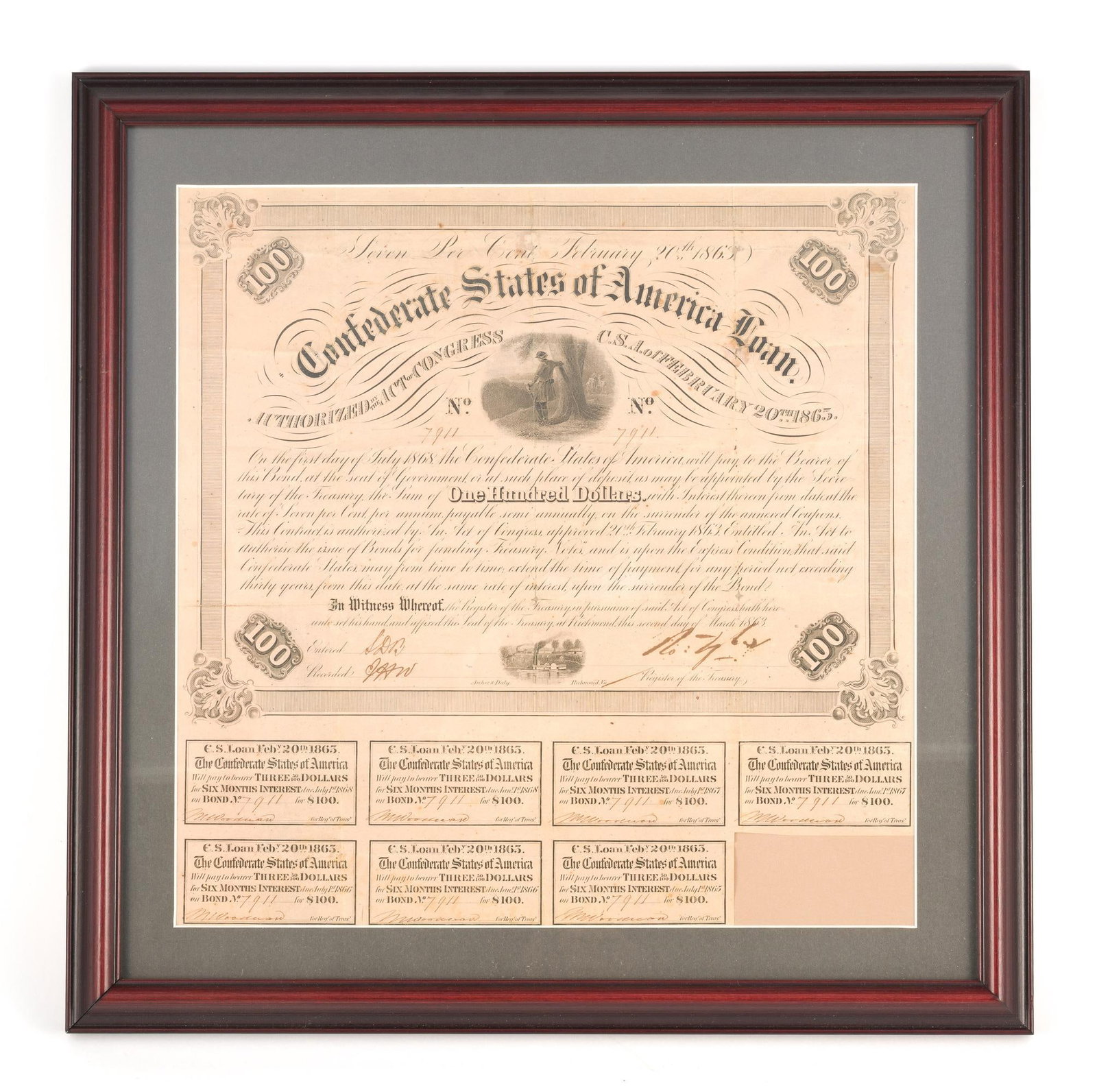 (Civil War Era) Confederate States Of America One Hundred Dollar Bond (1 of 4)