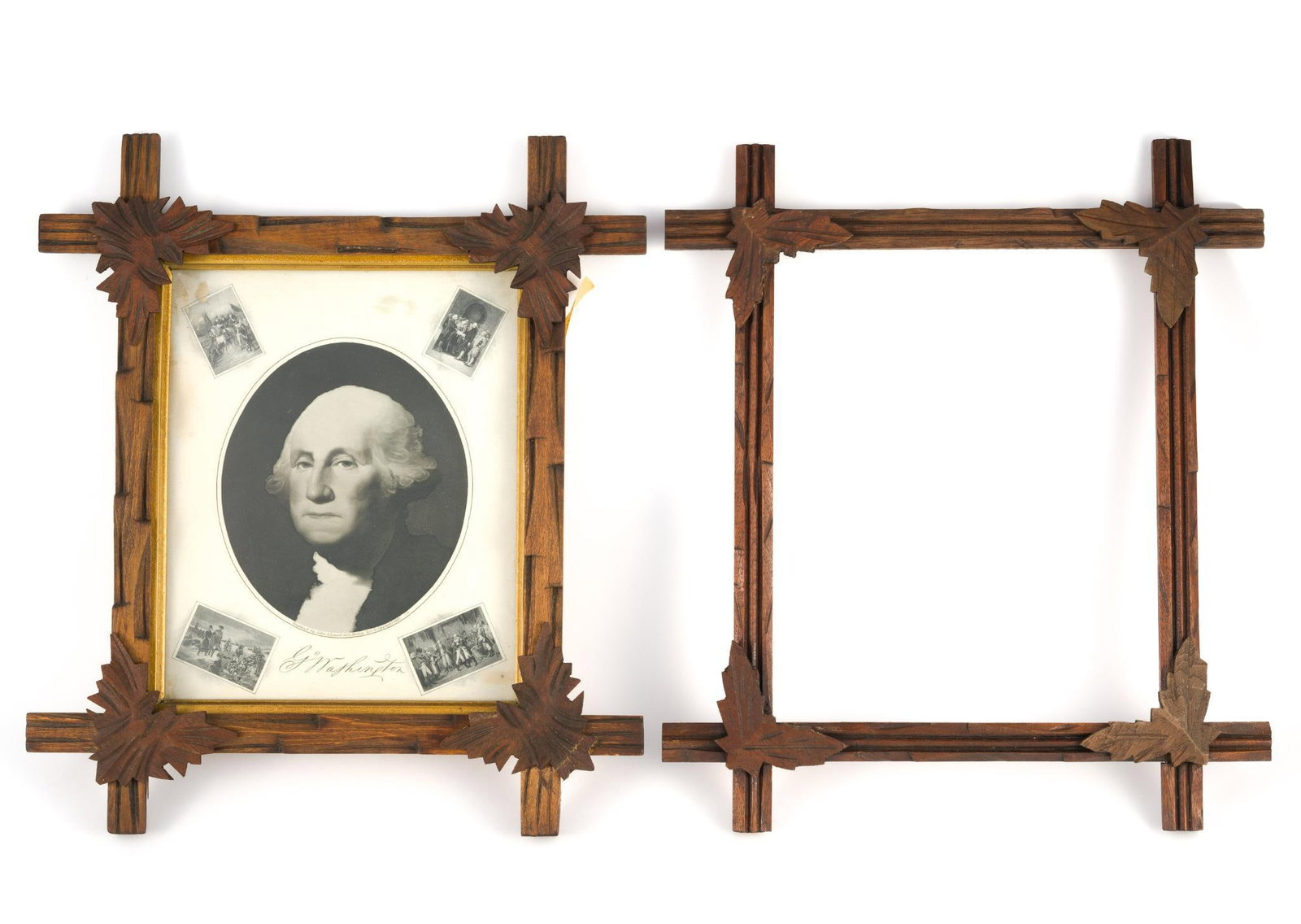 (Reconstruction Era) George Washing Framed Print & Walnut Criss Cross Frames: Center portrait marked Engraved by John A. Lowell & Co. Boston U.S.A. Copyright 1899." Revolutionary war scenes around the center portrait. 15-1/4" high X 13-1/4" wide.