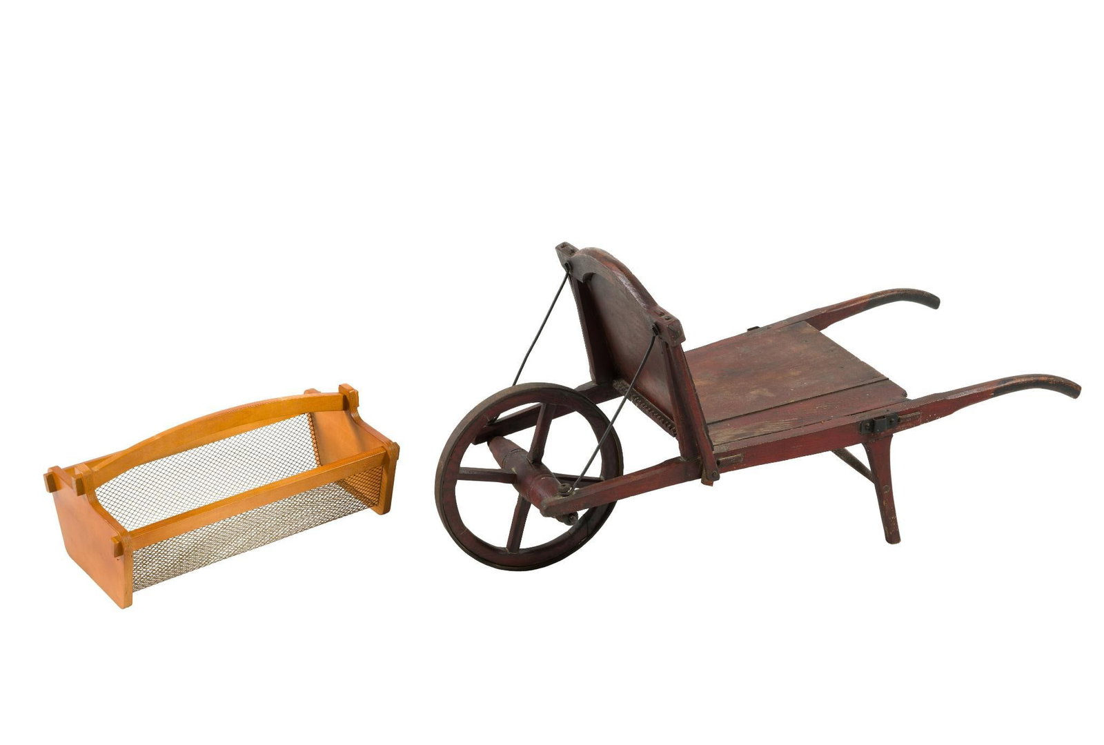(Reconstruction Era) Antique Wheelbarrow & Metal Mesh Basket (1 of 5)