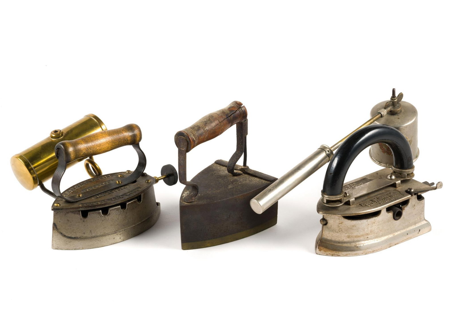 (Reconstruction Era) 2 Self-Heating Gas-Powered Irons & Brass Bottom Flatiron (1 of 4)