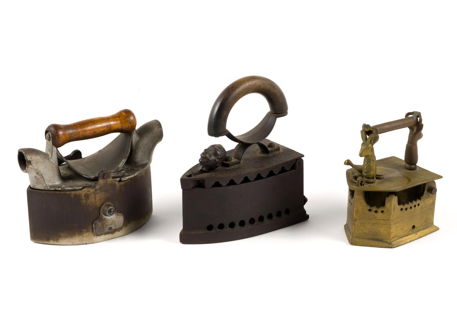 (Reconstruction Era) 3 Antique Coal Irons: From a private collection. Largest measures 7" x 3 - 1/2" x 8 - 1/2" and smallest measures 5 - 1/2" x 3 - 3/4" x 6 - 1/2".