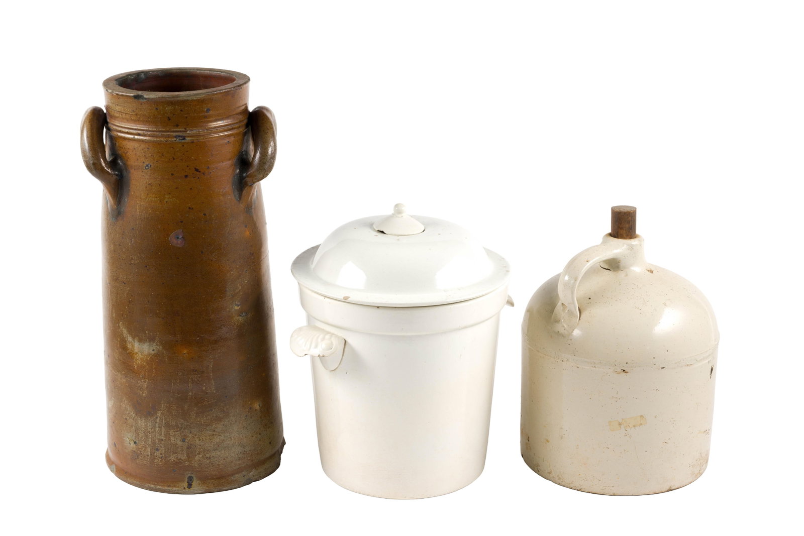 (Reconstruction Era) 3 Pieces of Antique Pottery: From a private collection. The white lidded piece measures 12" x 10" x 14", the tall brown crock measures 9" x 7 - 1/2" x 19 - 1/4", and the jug measures 9" x 9" x 14".