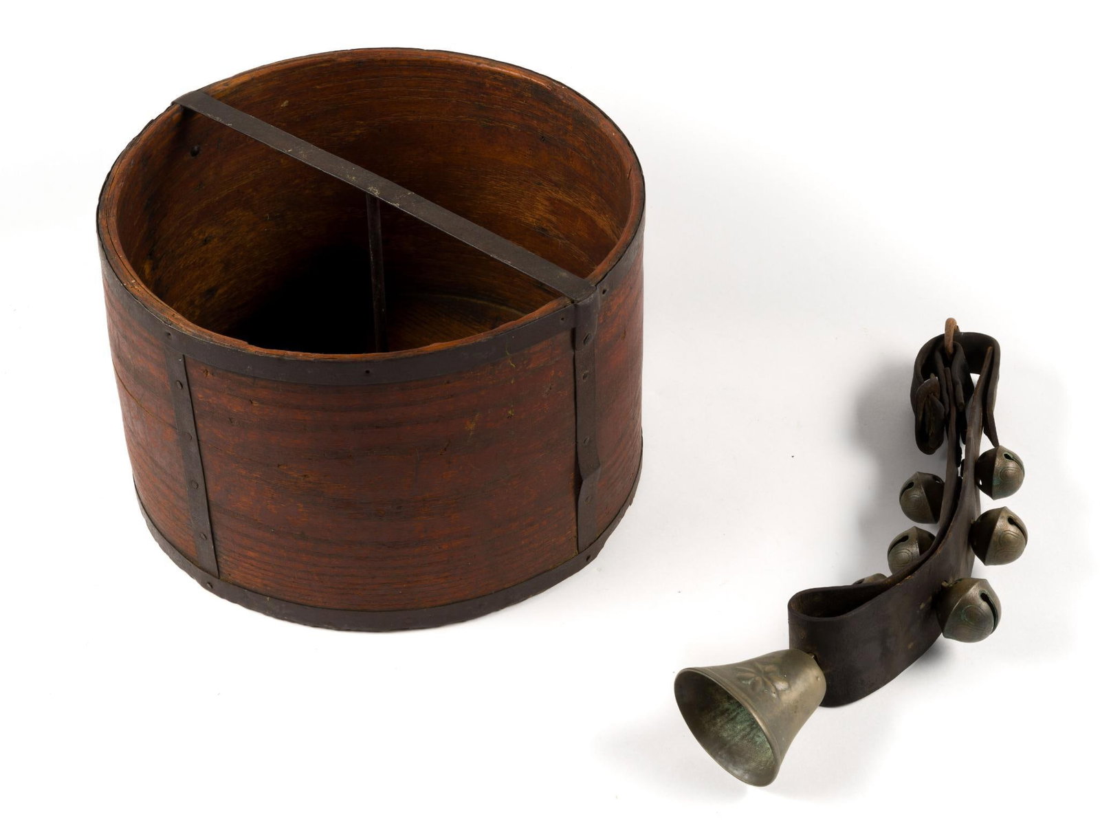 (Reconstruction Era) Wooden Grain Bucket & Vintage Sleigh Bell Strap: From a private collection. Bucket measures 14" x 14" x 6 - 3/4" and the sleigh bell strap measures 17 - 1/2" long as shown. Wear consistent with age and use.?