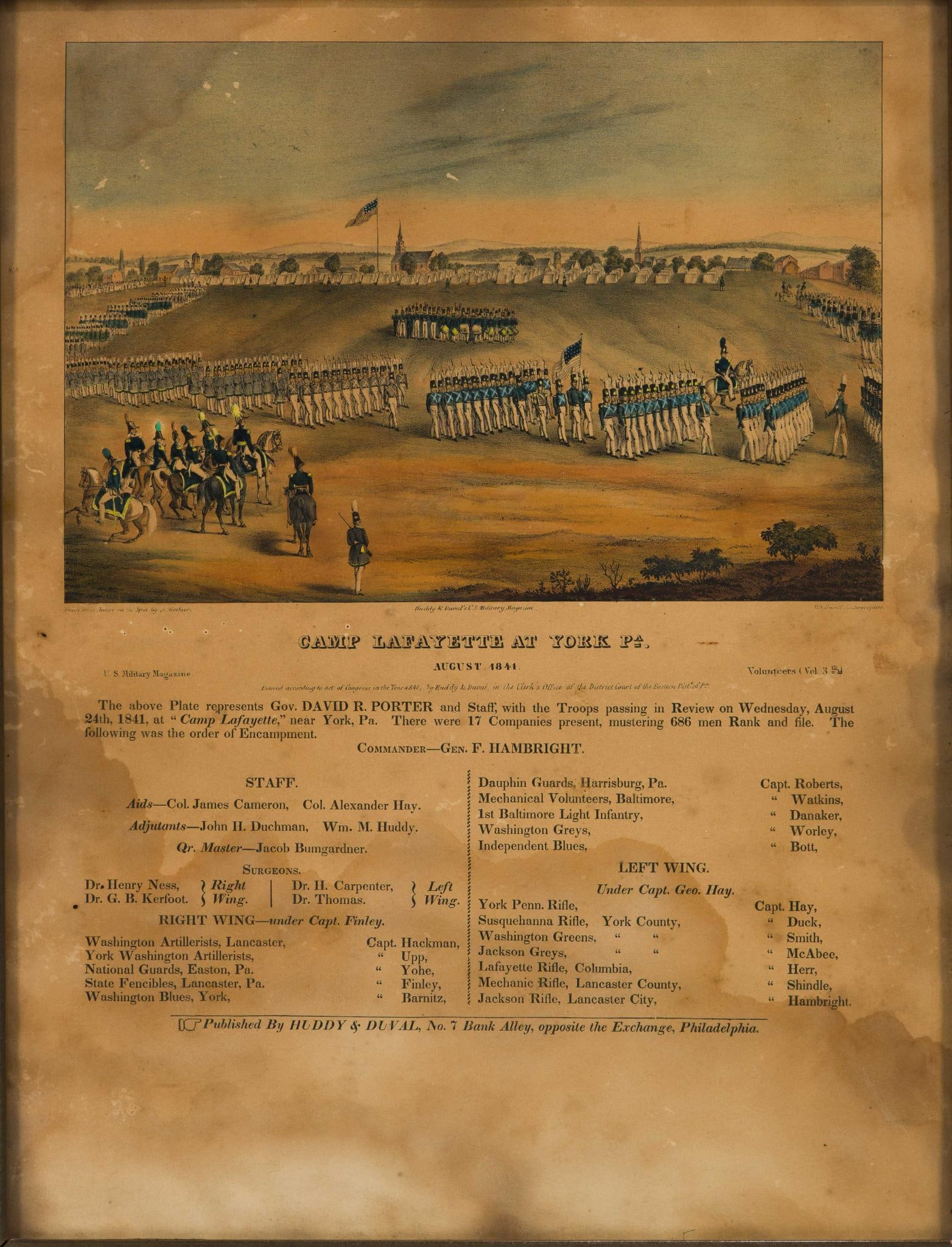 (Reconstruction Era) Camp Lafayette At York, PA Print: It was published by Schmitt & Duval in Philadelphia. Plate represents Gov. David Porter and Staff with troops passing in review on Wednesday August 24th 1841 at Camp Lafayette near York, PA. Included