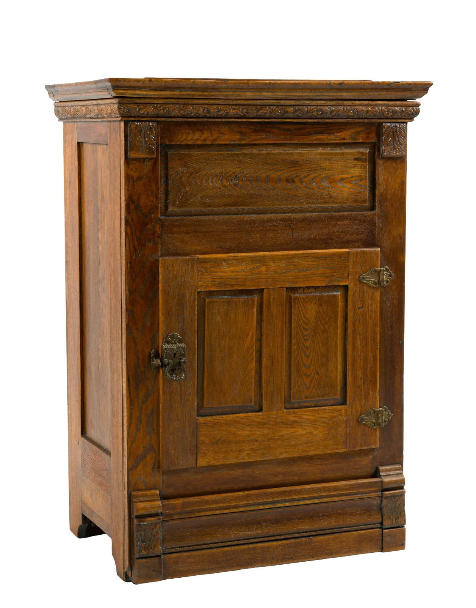 (Gilded Age Era) Antique Wood Icebox: From a private collection. Hinged lid for inserting ice on top. Front door opens to access food storage shelves. Used as a predecessor to the modern refrigerator. Missing shelves and container that wo