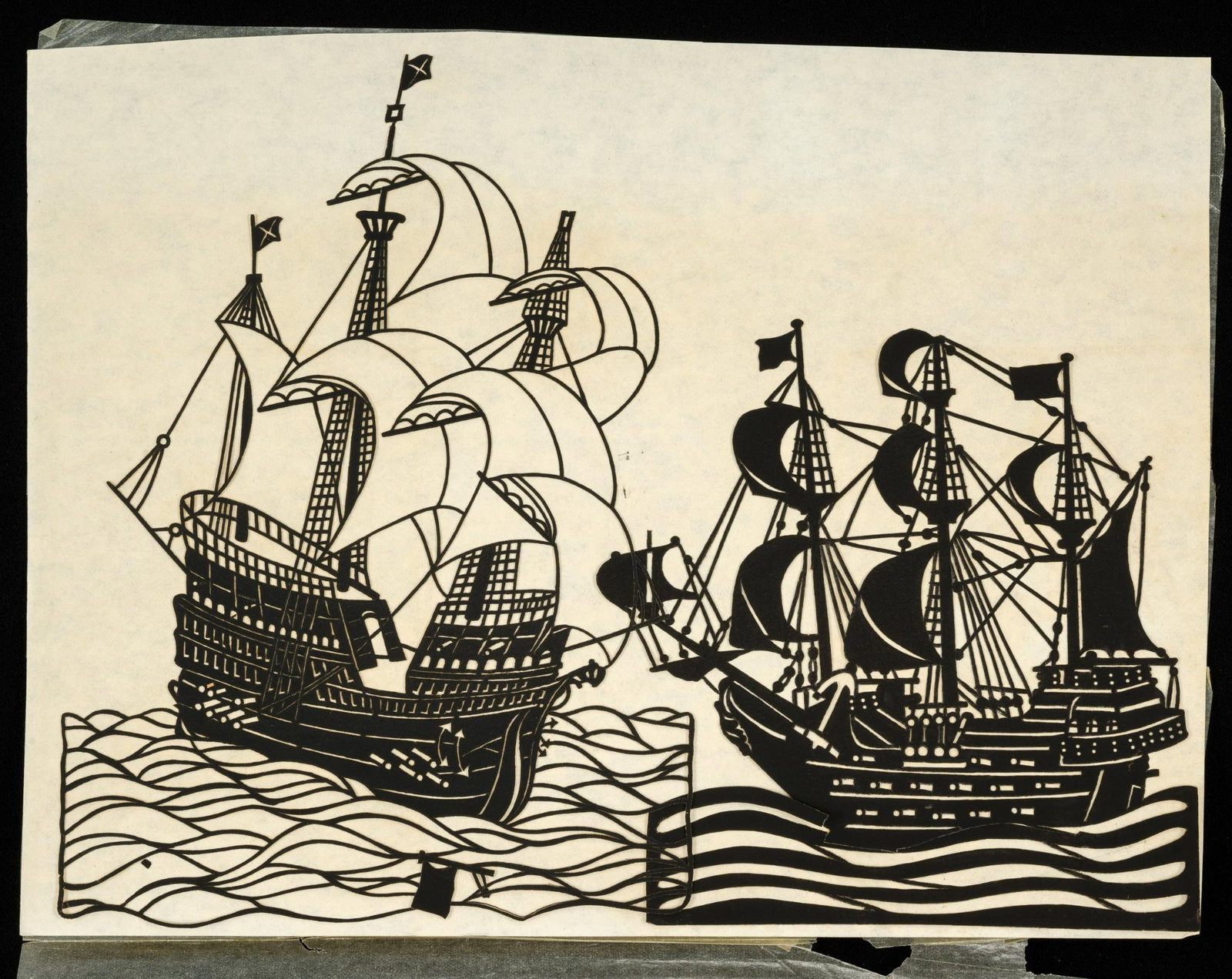 (Progressive Era) 2 Ship Scherenschnitte c. 1905: Both cut out of black paper. Each intricately cut out. Scherenschnitte is the German art of paper cutting, translating directly to "scissor cuts." Originating in 16th century Switzerland and Germany, 