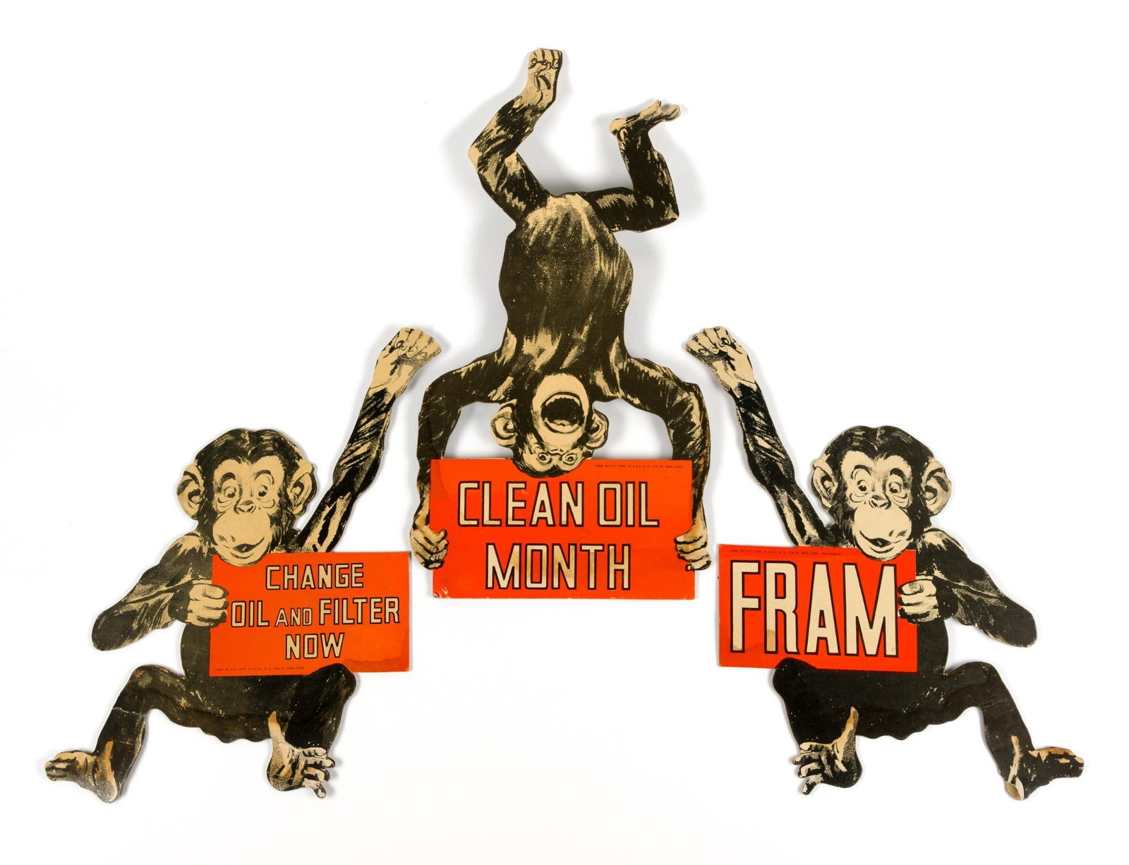 (Depression-Era) 3 Fram Oil Filter Monkey Die-Cut Advertisement Signs (1 of 4)