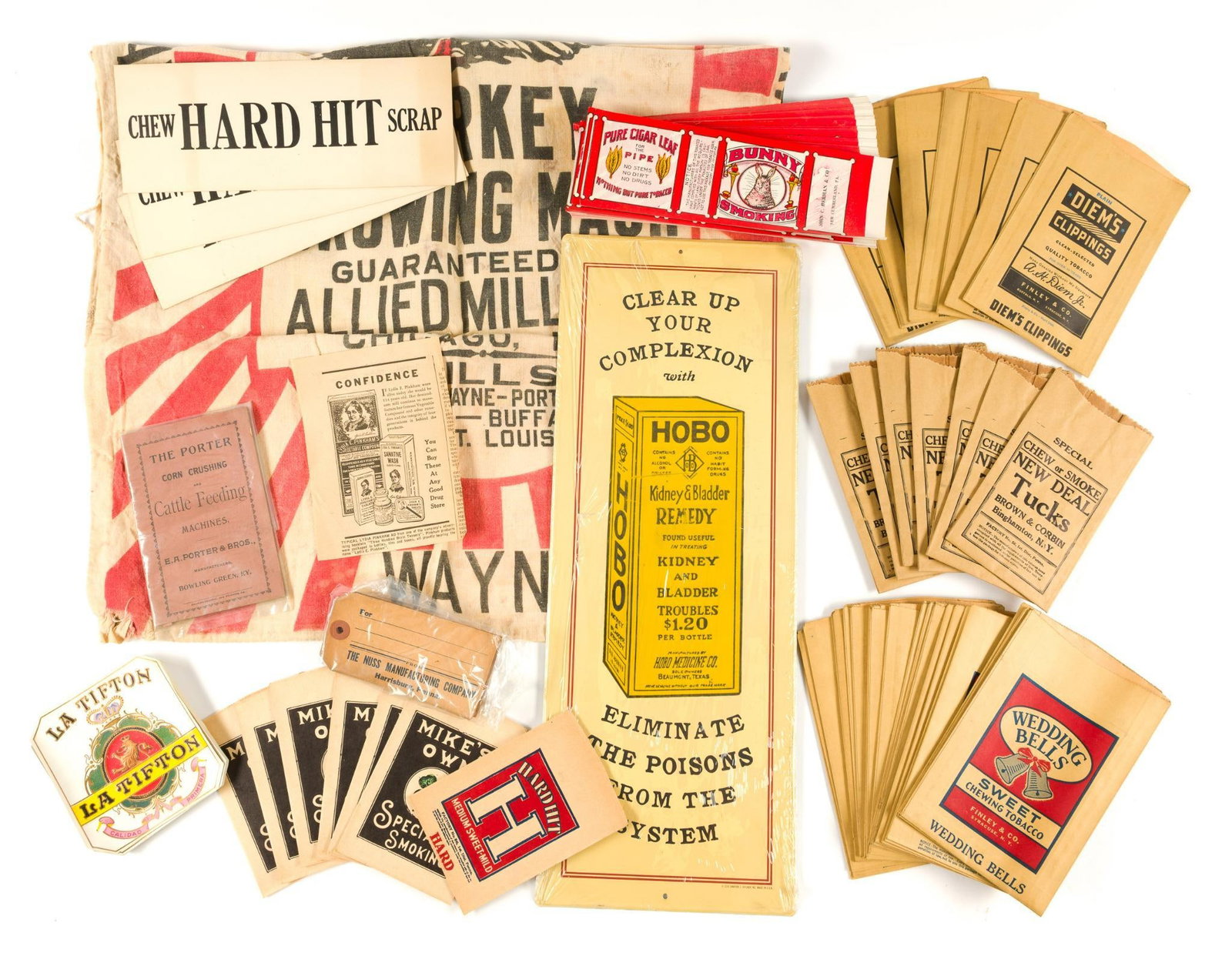 (Depression Era) Lot of Antique Advertisements & Packaging Labels: Includes La Tifton; Bunny Smoking; Wedding Bells Tobacco Bags; and more.?