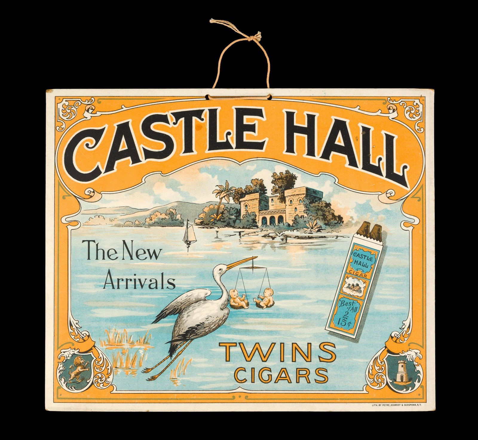 (Depression Era) Castle Hall Cigar Advertisement: Stork carrying two babies. Bottom right side marked "Lith. By Petre, Schmidt & Begmann, N.Y." With hanging string. 12" wide x 10" long.?
