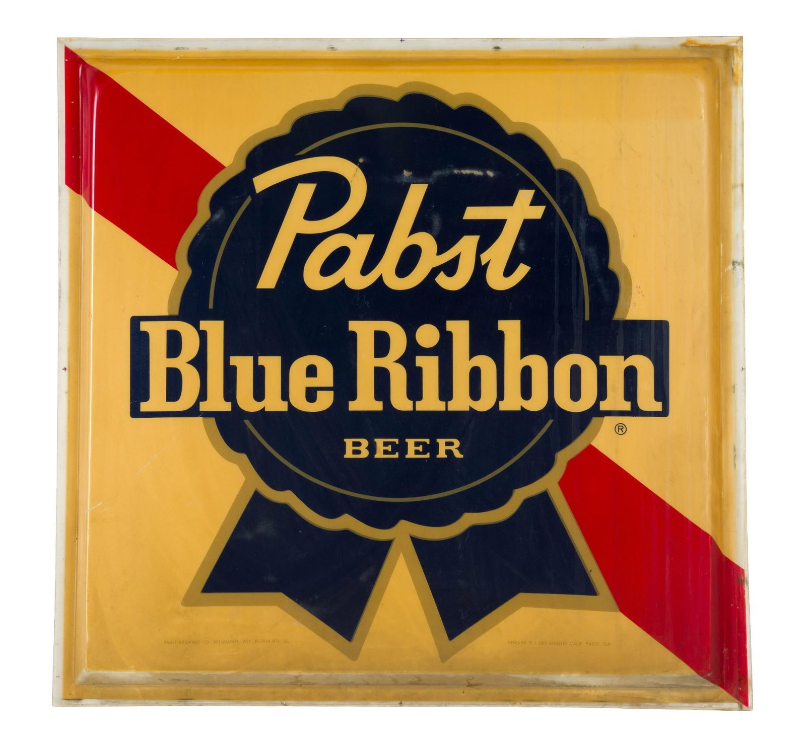 (WWII Era) Vintage Pabst Blue Ribbon Sign Face: A square vacuum formed plastic Pabst Blue Ribbon sign face for a vintage illuminated sign. It is 49"? X 47 1/2".??