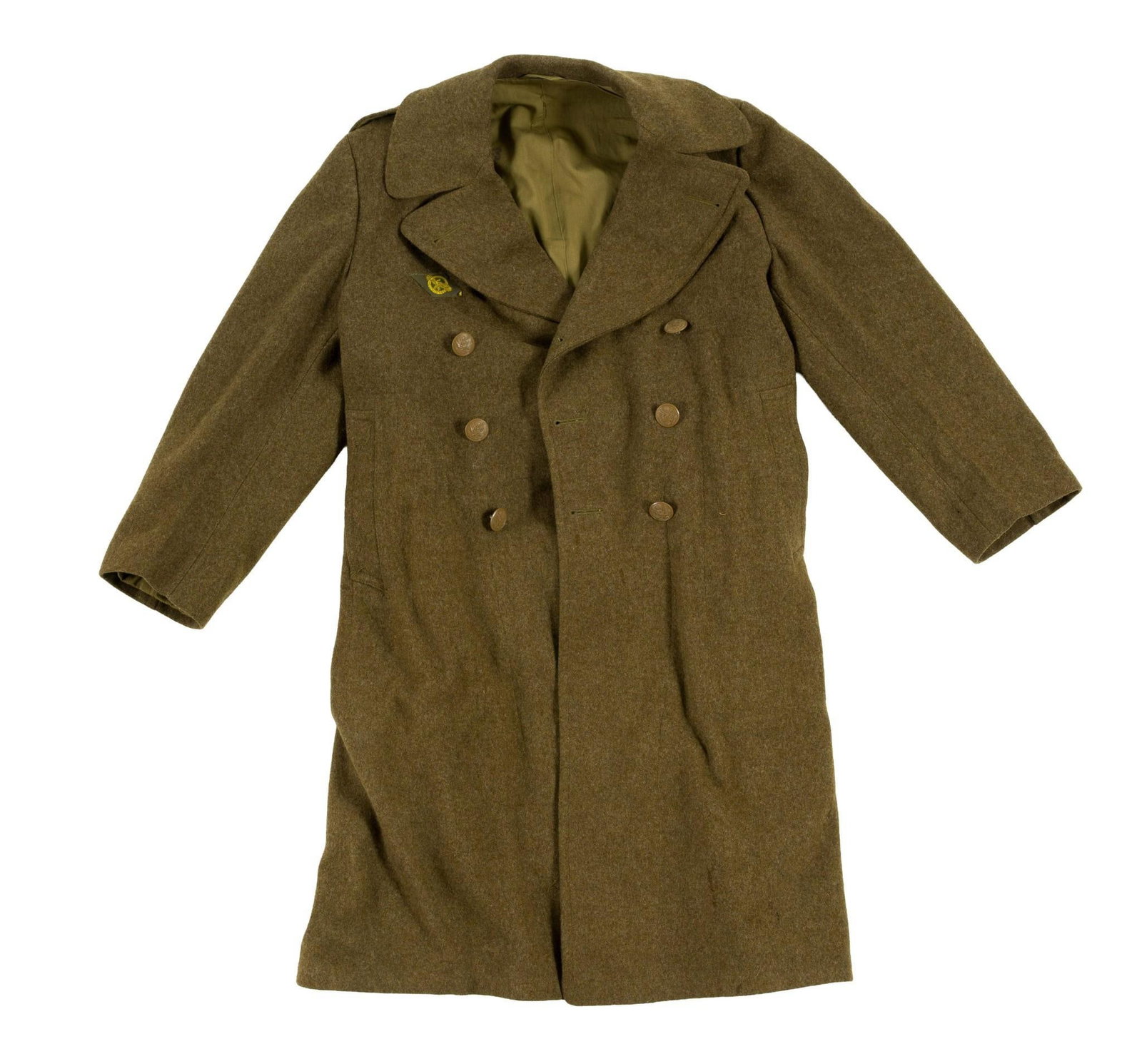 (WWII Era) Soldier's Olive Wool Great Coat: Inside stamped 38S. Shoulder to shoulder 17-1/4" wide.?