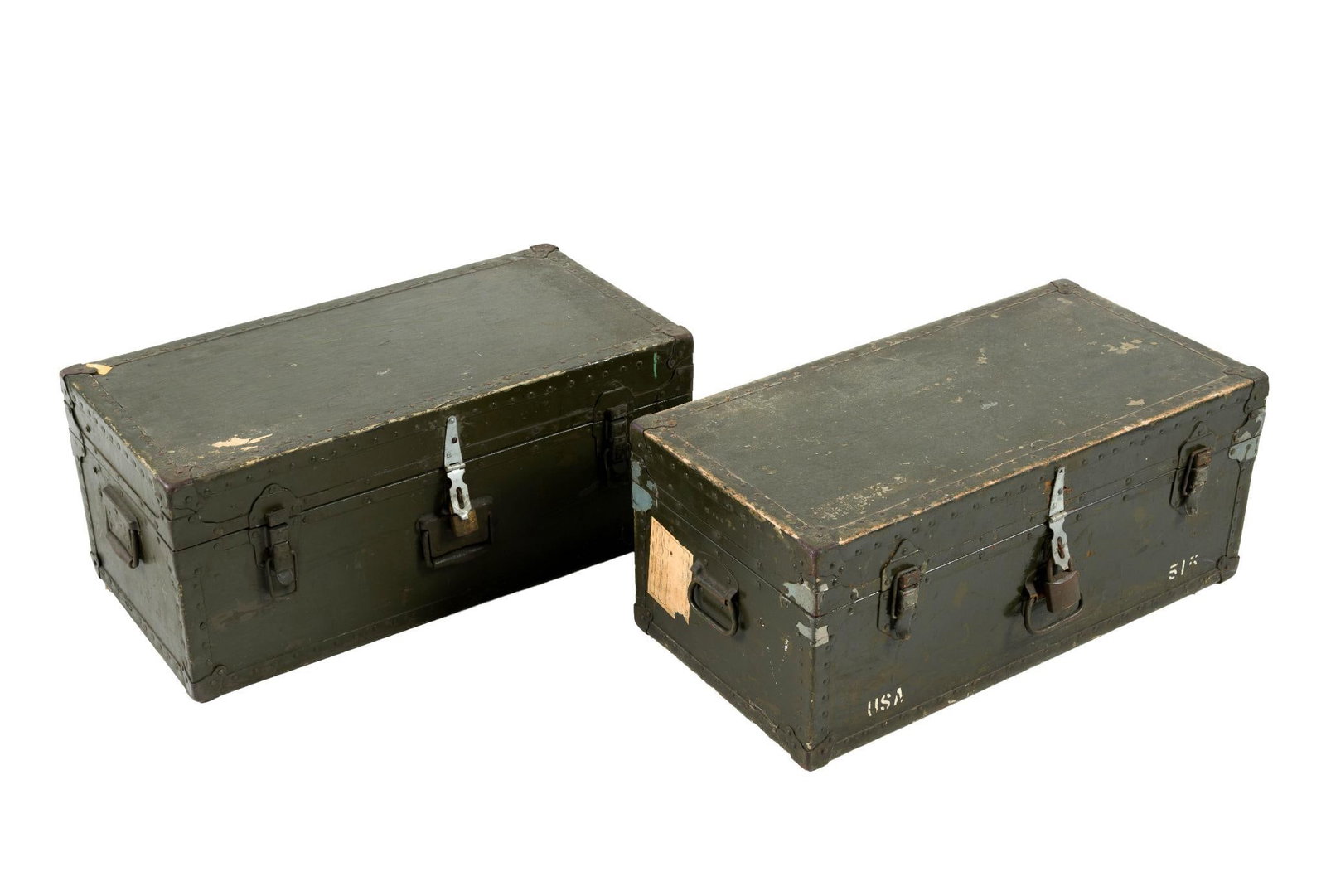 (WWII Era) 2 Soldier Foot Lockers: One marked USA 515 on front. Other not marked. 32" wide x 16" to 16-1/4" deep x 13-1/4" high.?