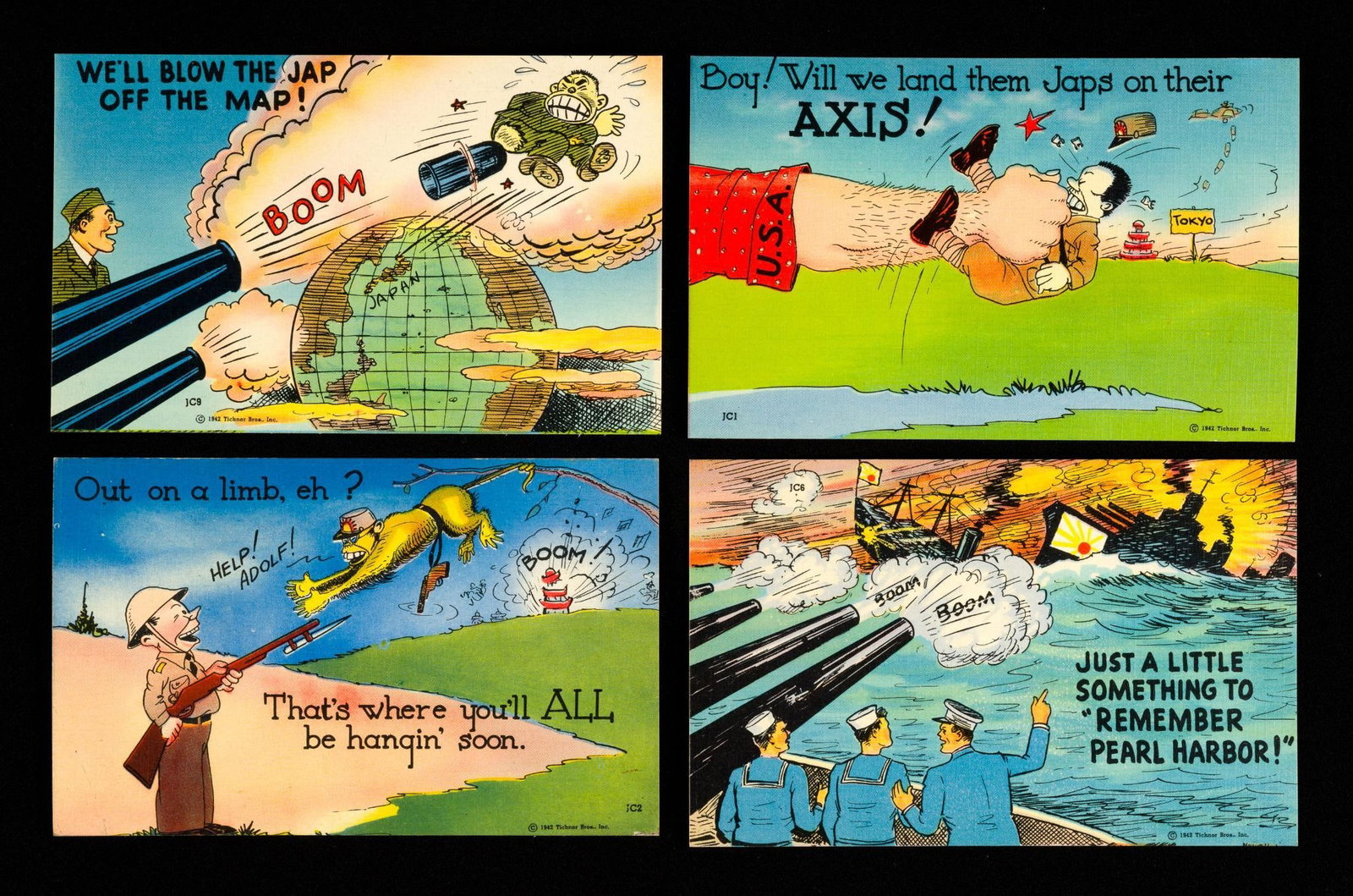 (WWII-Era) 4 American WWII Anti-Japanese Propaganda Postcards: Each feature wartime caricatures of Japanese people and leaders. These bright color lithography post cards were designed to boost morale and demonize the enemy following the attack at Pearl Harbor.