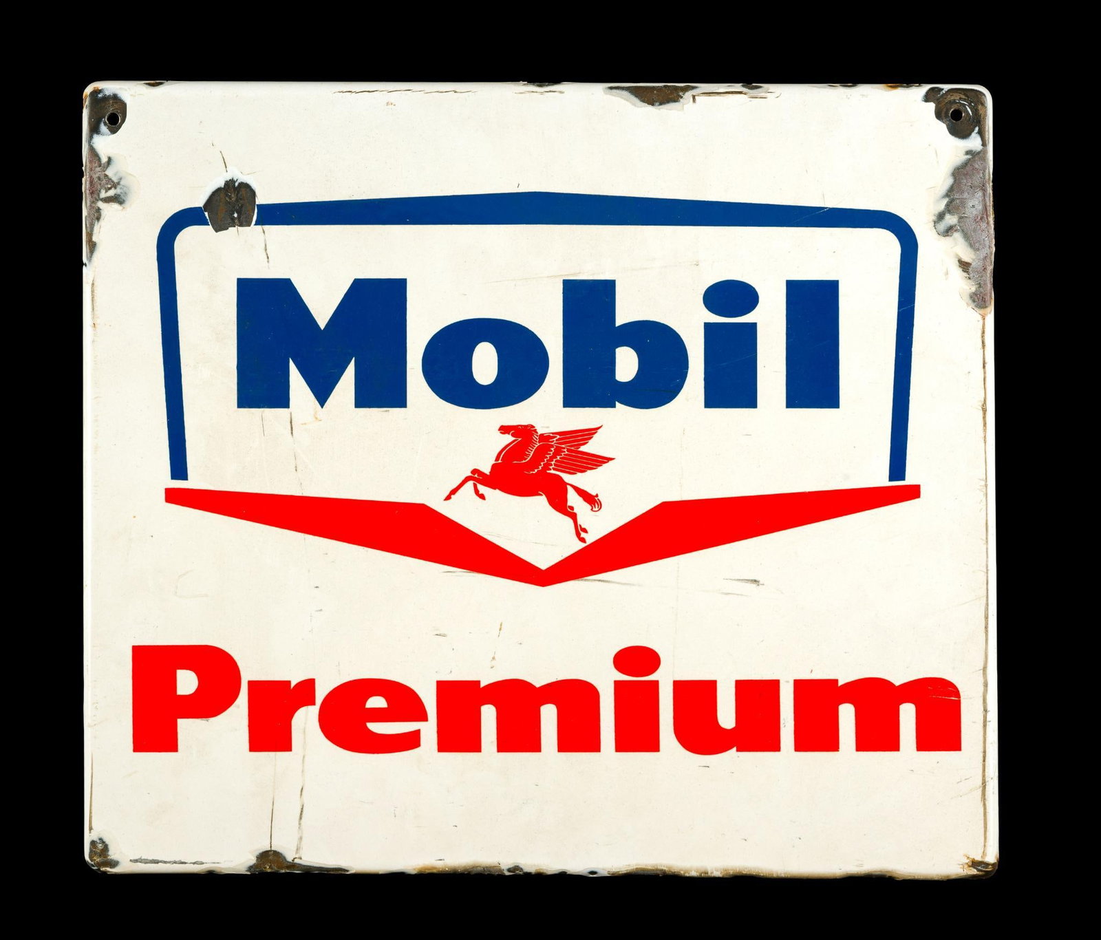 (Postwar Era) Vintage Porcelain Mobil Premium Sign: With some losses around edges. 13-3/4" wide x 12" long.?