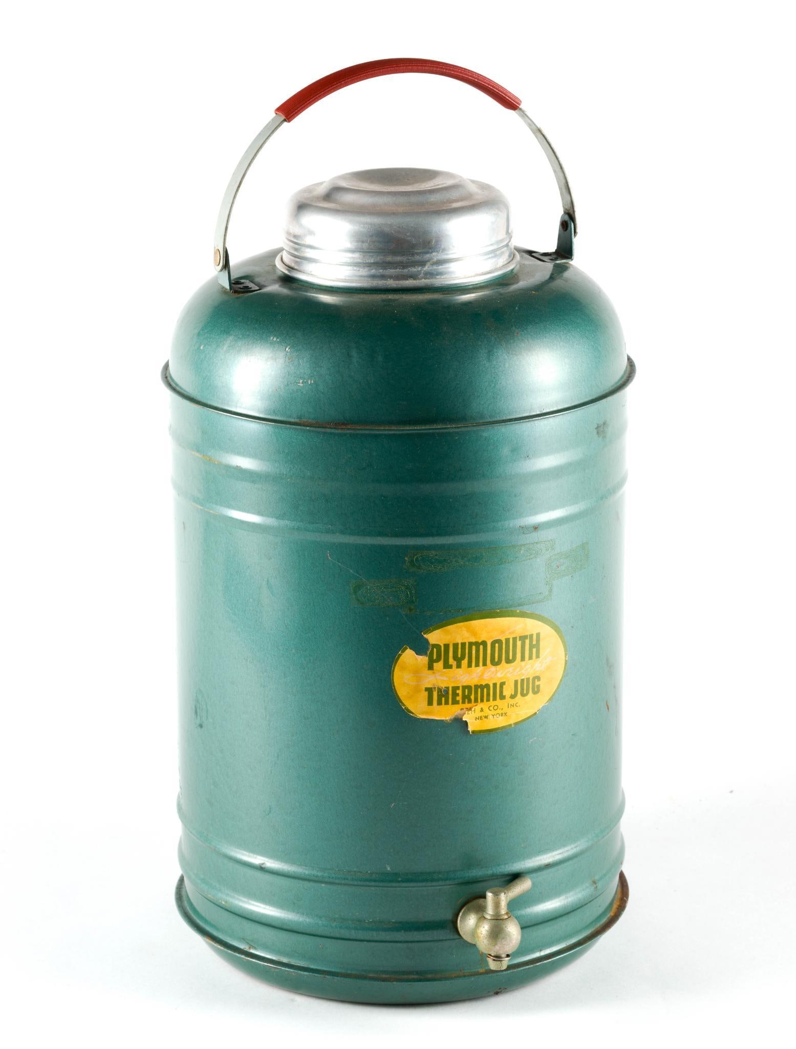 (Postwar Era) Plymouth Thermic Jug: The purpose of Plymouth thermic jug was to serve as an insulated container for keeping beverages, specifically water, hot or cold during camping trips, picnics, and outdoor activities. 8-14" wide x